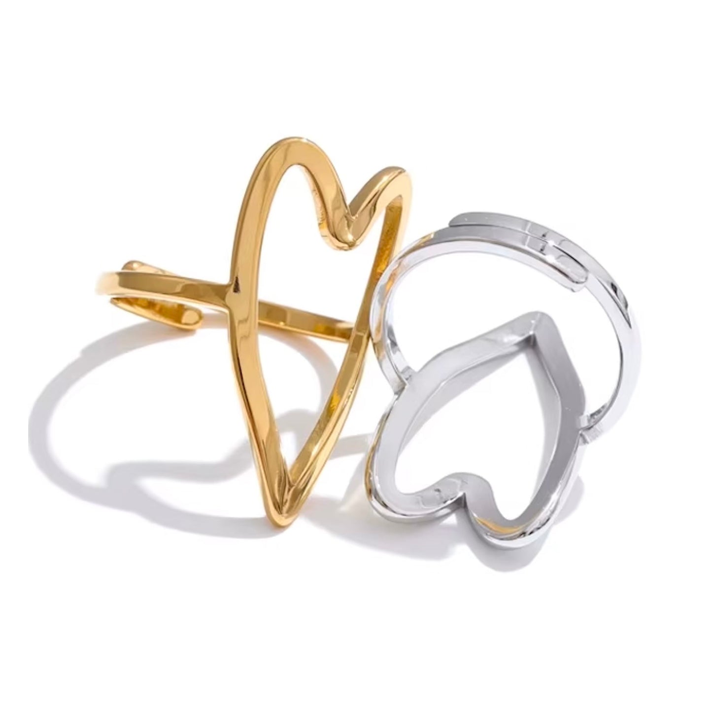 Bague cœur ouvert en acier inoxydable plaqué or/PVD argent, ajustable, diamètre 27mm (1,06 pouce), 2,5g – duo Saint-Valentin doré/argenté Bijoux Prestige.