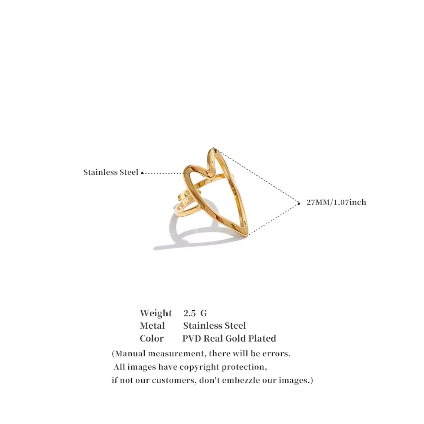 Bague cœur ouvert en acier inoxydable plaqué or/PVD argent, ajustable, diamètre 27mm (1,06 pouce), 2,5g – duo Saint-Valentin doré/argenté Bijoux Prestige.