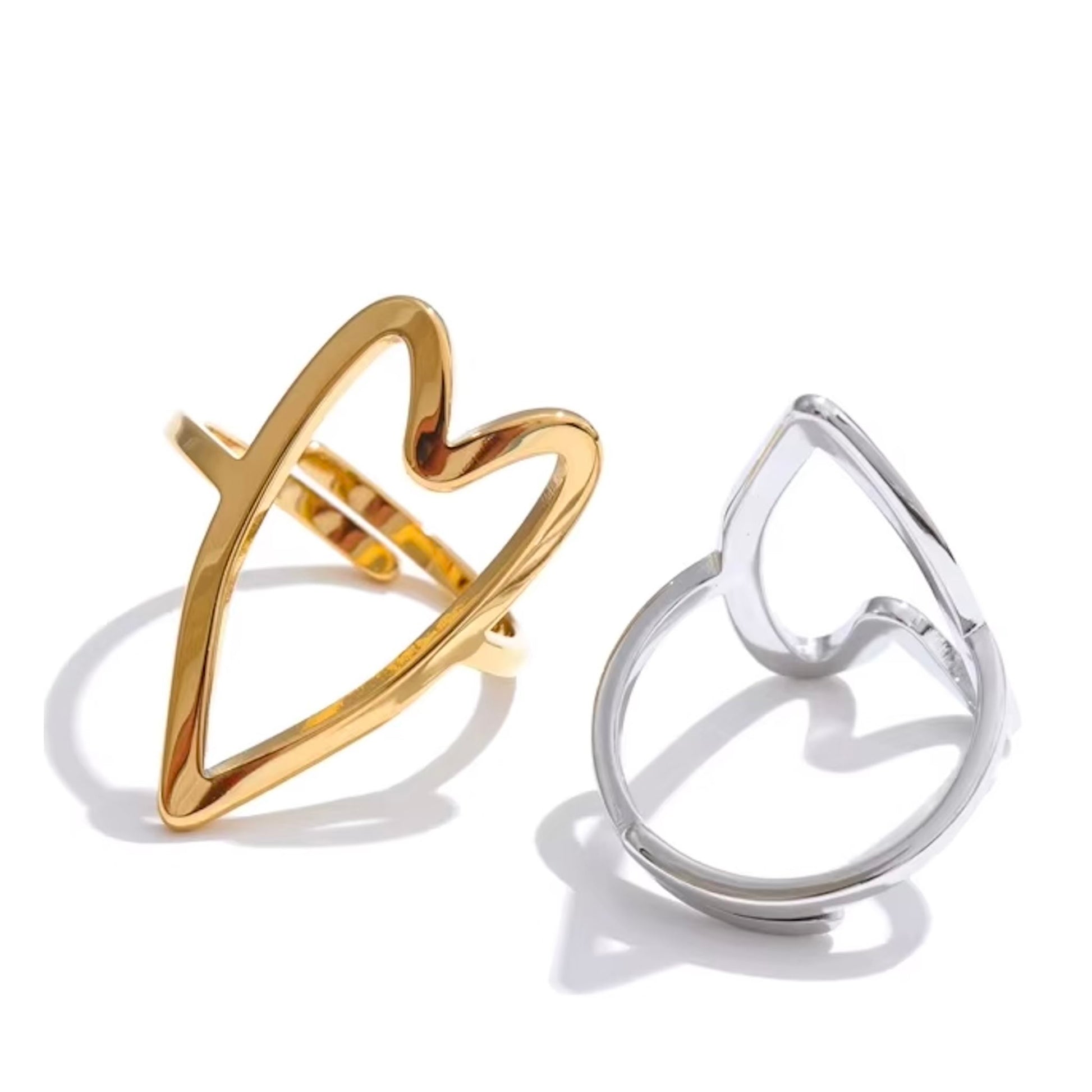 Bague cœur ouvert en acier inoxydable plaqué or/PVD argent, ajustable, diamètre 27mm (1,06 pouce), 2,5g – duo Saint-Valentin doré/argenté Bijoux Prestige.