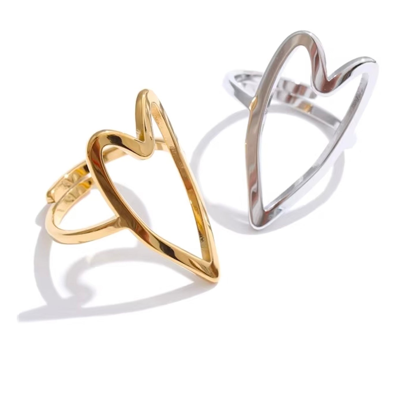 Bague cœur ouvert en acier inoxydable plaqué or/PVD argent, ajustable, diamètre 27mm (1,06 pouce), 2,5g – duo Saint-Valentin doré/argenté Bijoux Prestige.