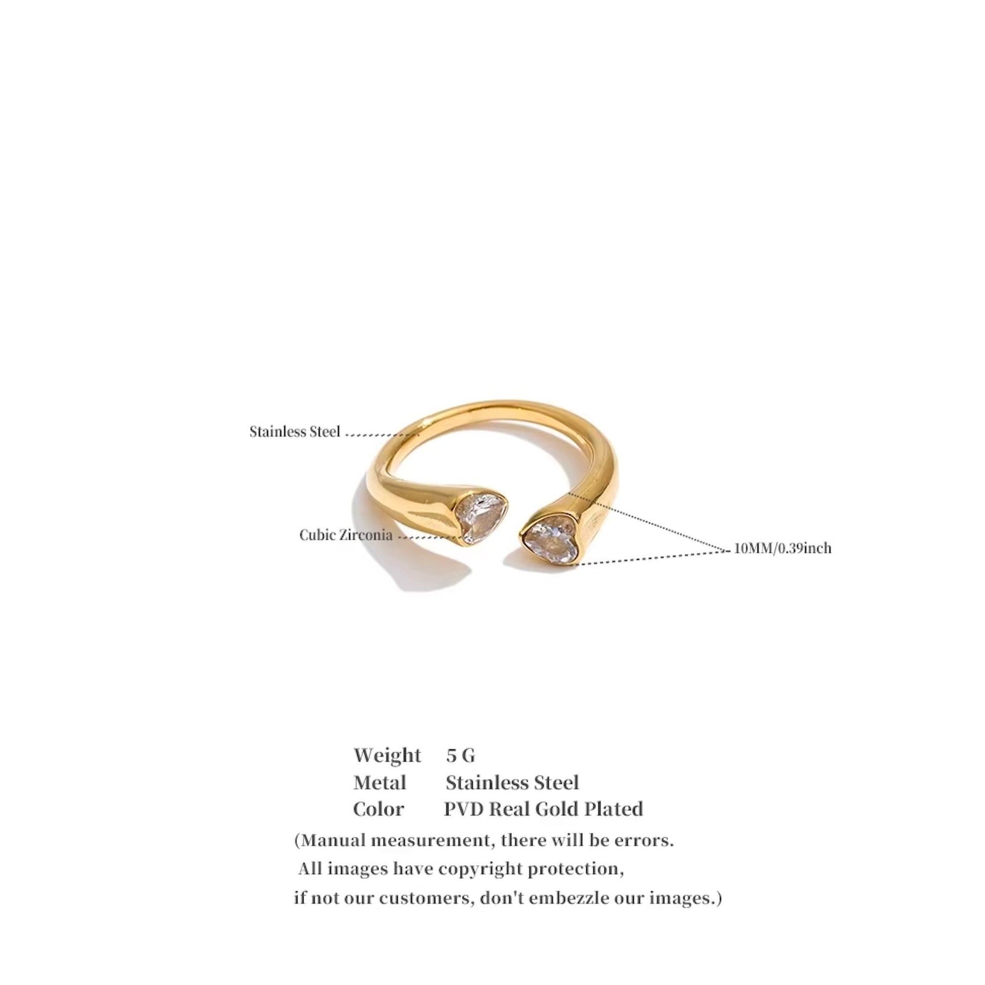 Bague double cœur ouvert cubic zirconia en acier inoxydable plaqué or/PVD argent, ajustable, 5g – duo Saint-Valentin doré/argenté Bijoux Prestige.
