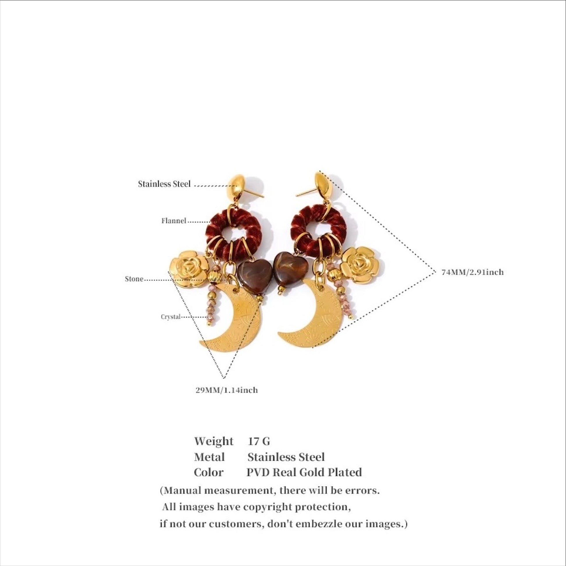 Boucles d’oreilles dorées pour femme, avec pendentif lune gravée, fleur dorée, cœur marron, perles rosées et attaches en velours bordeaux, bijou bohème élégant et créatif – Bijoux Prestige