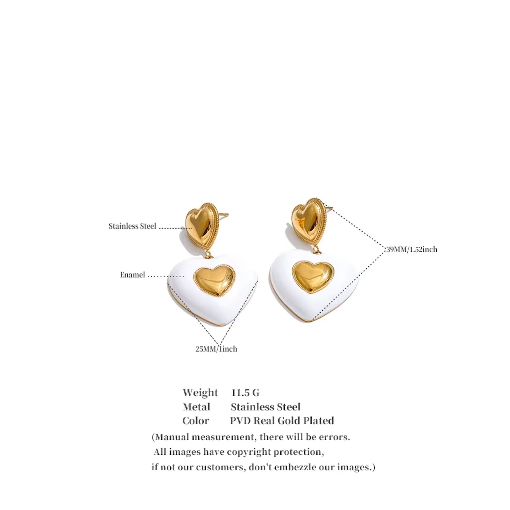 Boucles d'oreilles cœur émaillé blanc en acier inoxydable plaqué or/PVD argent, 25mm (1 pouce), 11,5g paire – duo Saint-Valentin doré/argenté Bijoux Prestige.