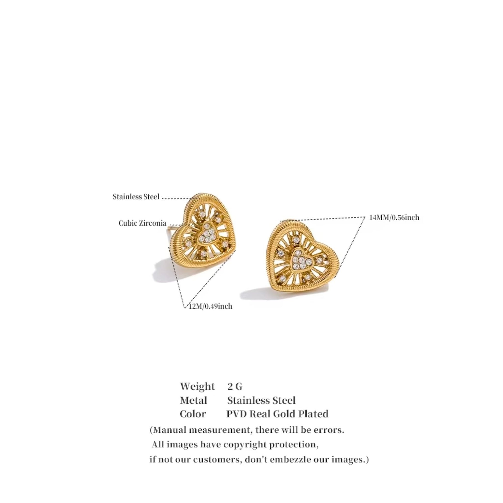 Boucles d'oreilles cœur ajouré cubic zircon en acier inoxydable plaqué or/PVD argent, 14mm diamètre, 2g paire – duo Saint-Valentin doré/argenté Bijoux Prestige.