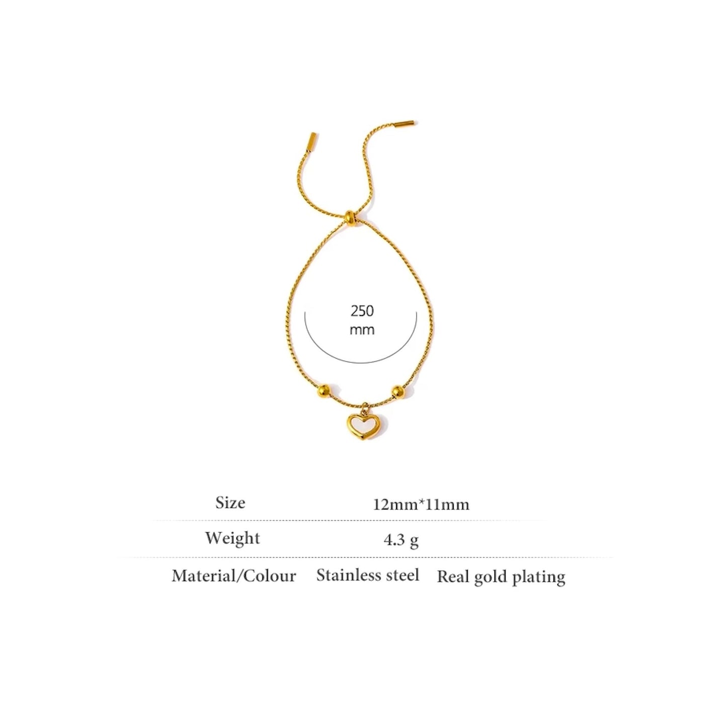 Bracelet cœur en acier inoxydable plaqué or véritable, ajustable 250mm, 4,3g, taille pendentif 12x11mm – cadeau Saint-Valentin Bijoux Prestige.