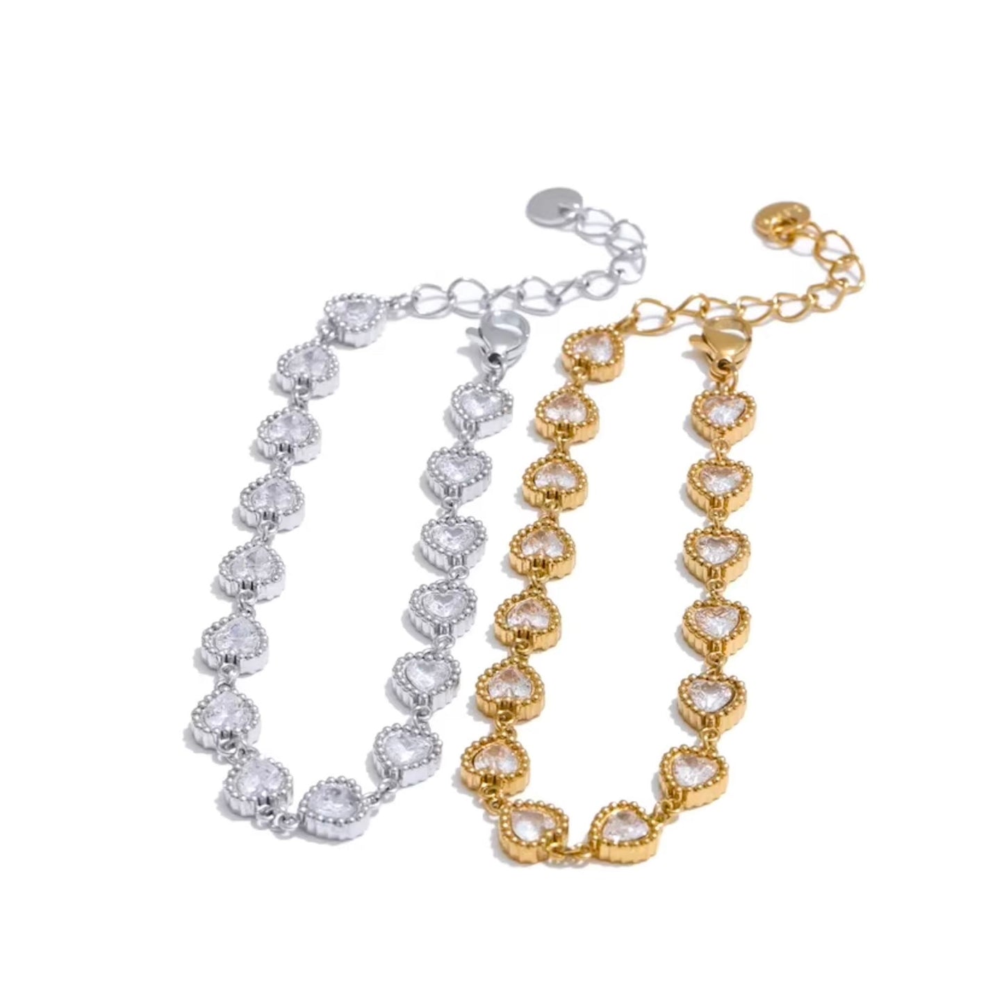 Bracelet tennis cœurs en acier inoxydable plaqué or/PVD argent, CZ pavés, 17cm (6,9-10,1 pouces), 8,5g – duo Saint-Valentin doré/argenté Bijoux Prestige.