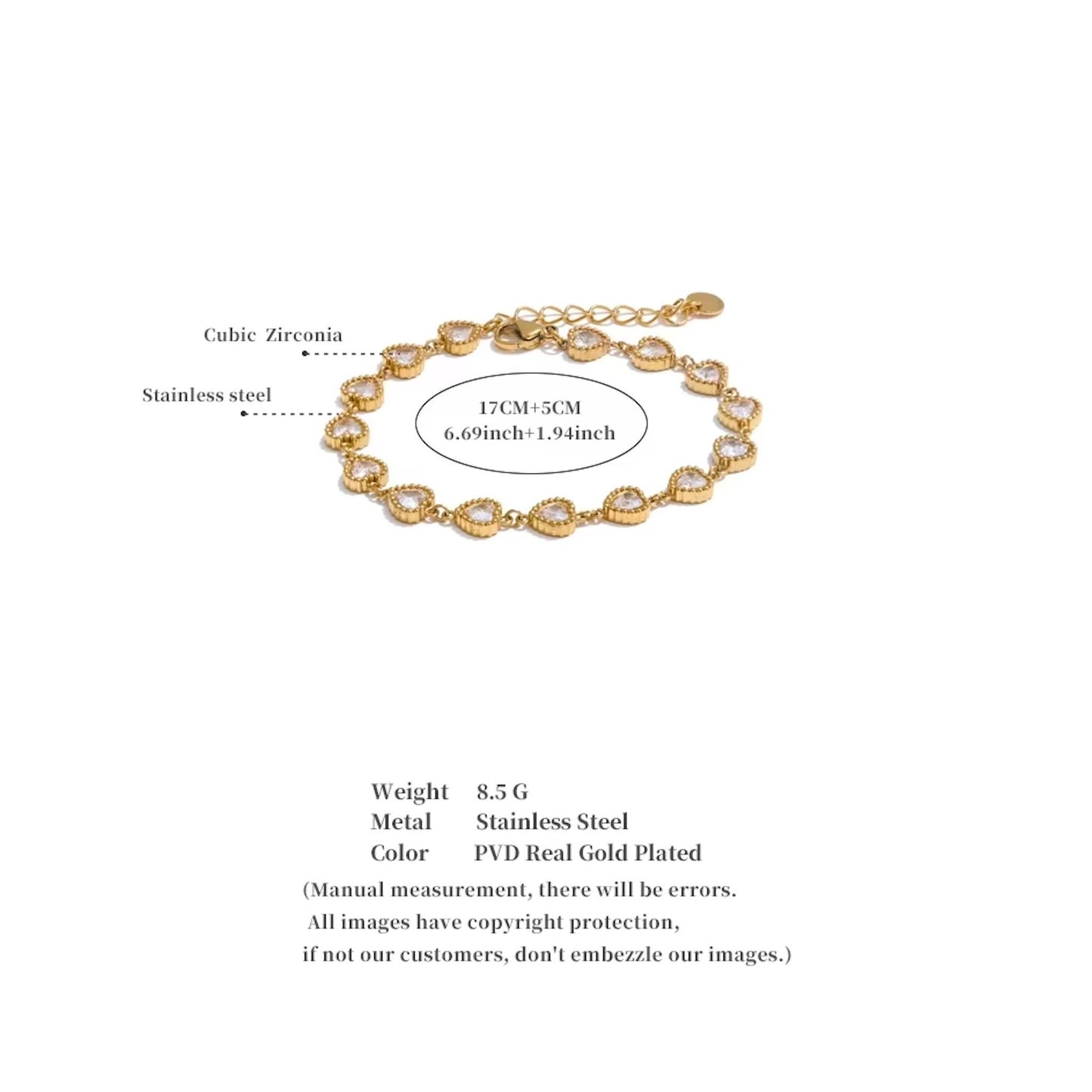 Bracelet tennis cœurs en acier inoxydable plaqué or/PVD argent, CZ pavés, 17cm (6,9-10,1 pouces), 8,5g – duo Saint-Valentin doré/argenté Bijoux Prestige.