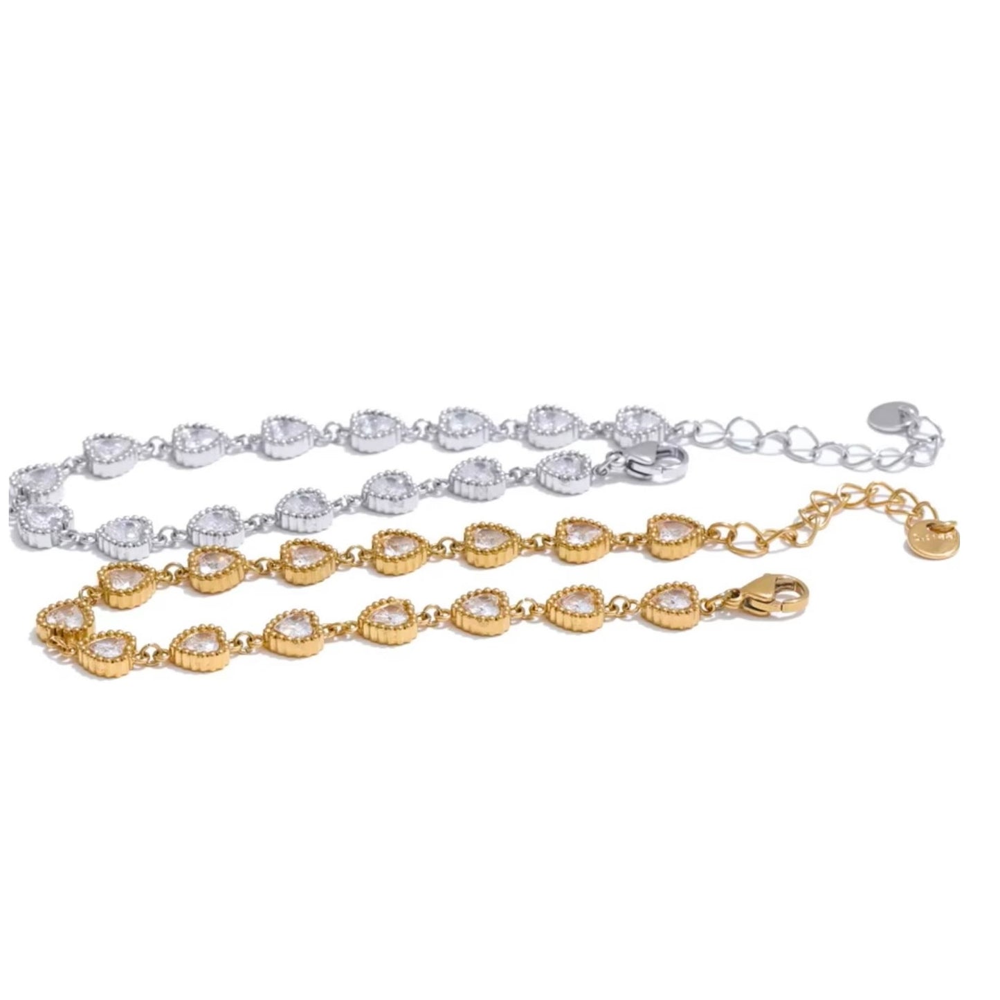 Bracelet tennis cœurs en acier inoxydable plaqué or/PVD argent, CZ pavés, 17cm (6,9-10,1 pouces), 8,5g – duo Saint-Valentin doré/argenté Bijoux Prestige.