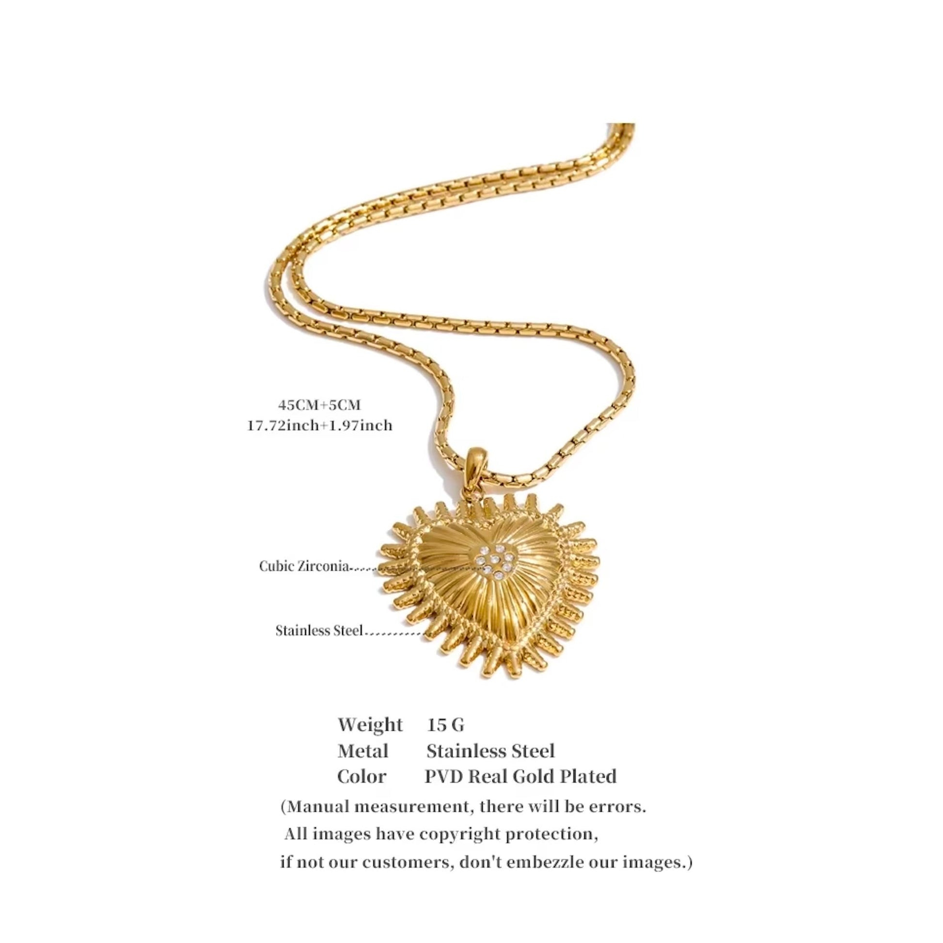 Collier cœur festonné cubic zircon en acier inoxydable plaqué or/PVD argent, chaîne 45cm (17,7-19,7 pouces), 15g – duo Saint-Valentin doré/argenté Bijoux Prestige.