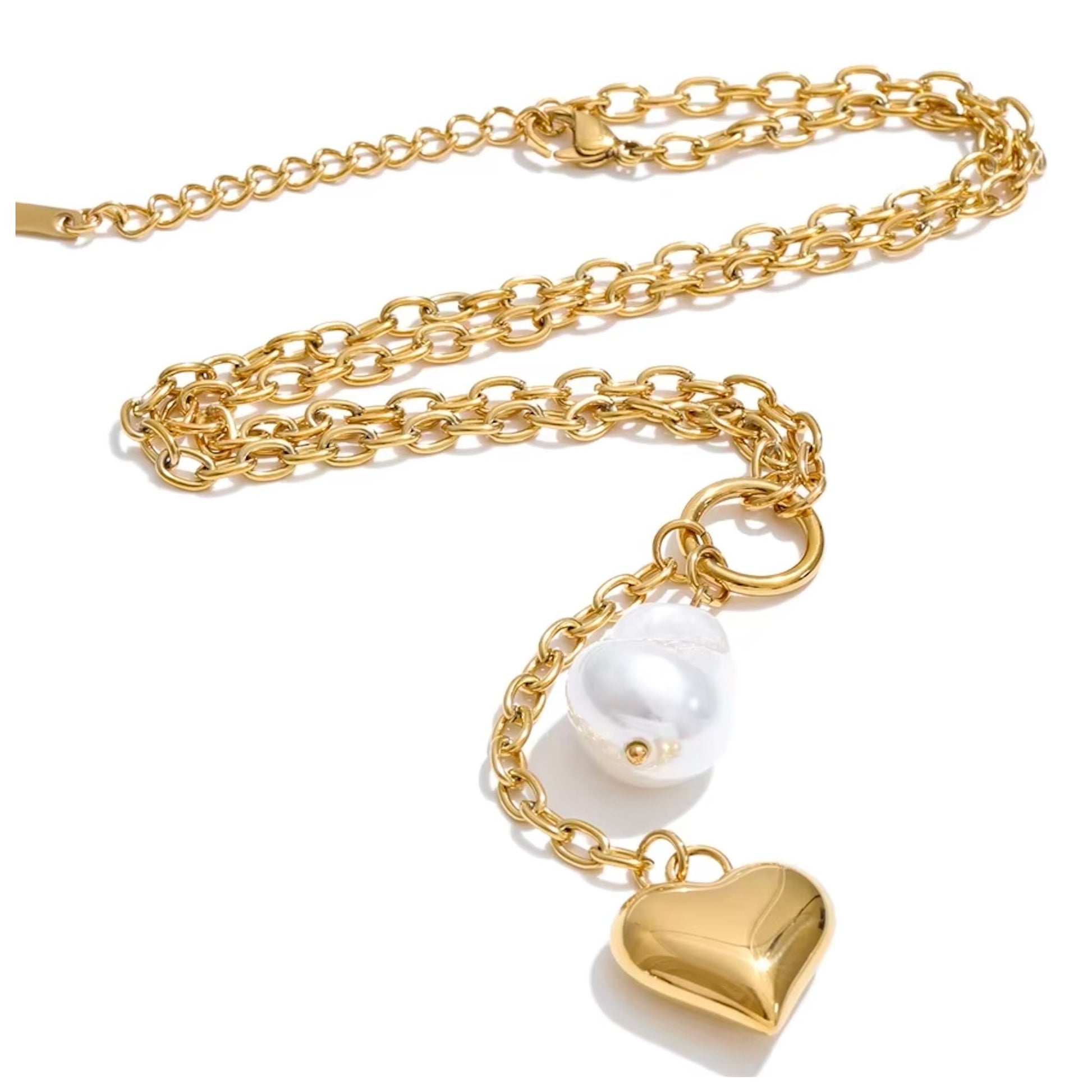 Collier cœur et perle imitation en acier inoxydable plaqué or/PVD argent, chaîne 40cm (15,7-19,7 pouces), 19,5g – duo Saint-Valentin doré/argenté Bijoux Prestige.