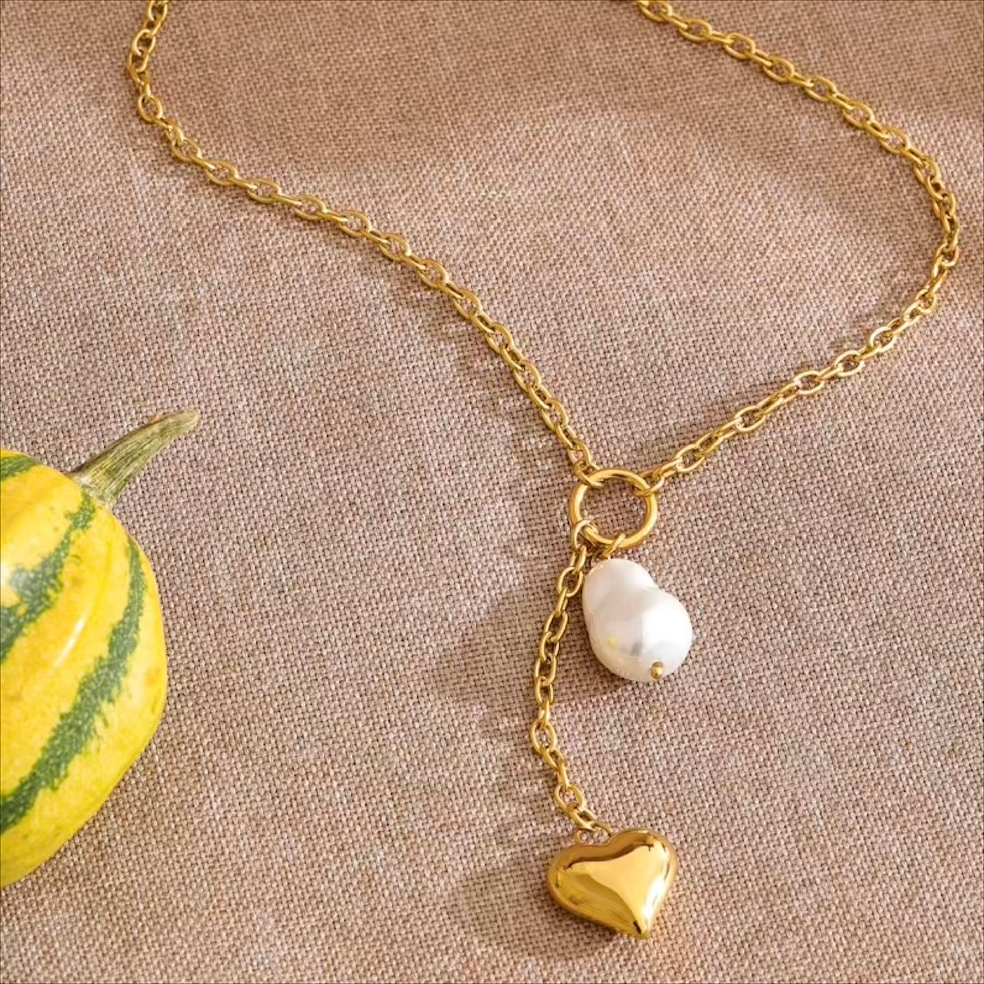 Collier cœur et perle imitation en acier inoxydable plaqué or/PVD argent, chaîne 40cm (15,7-19,7 pouces), 19,5g – duo Saint-Valentin doré/argenté Bijoux Prestige.