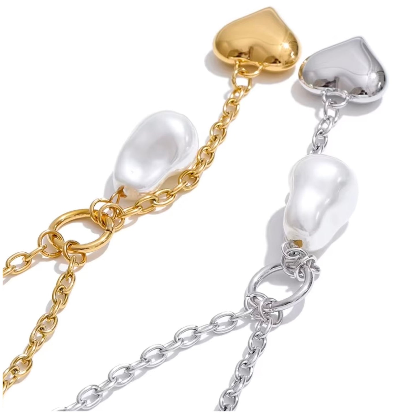 Collier cœur et perle imitation en acier inoxydable plaqué or/PVD argent, chaîne 40cm (15,7-19,7 pouces), 19,5g – duo Saint-Valentin doré/argenté Bijoux Prestige.