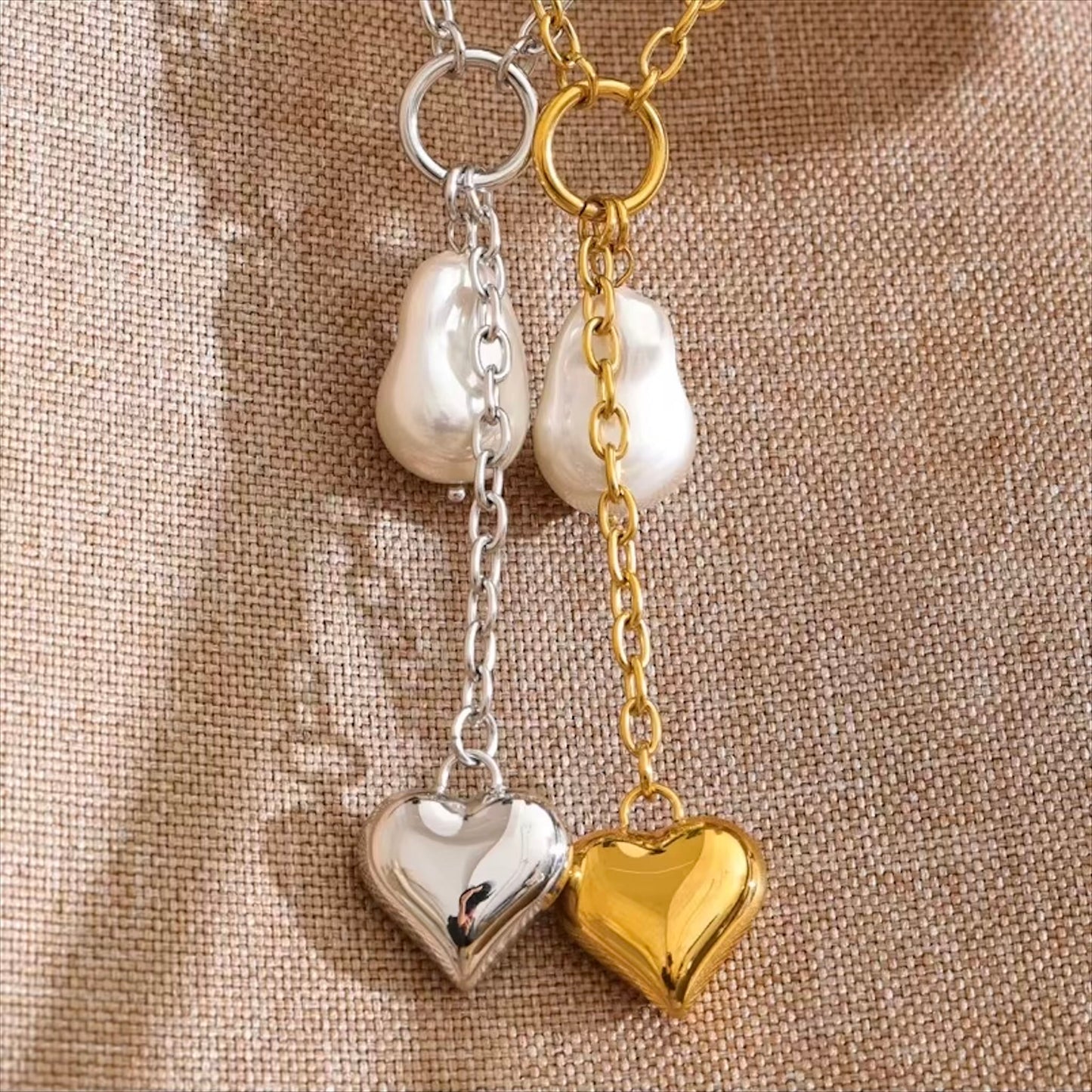 Collier cœur et perle imitation en acier inoxydable plaqué or/PVD argent, chaîne 40cm (15,7-19,7 pouces), 19,5g – duo Saint-Valentin doré/argenté Bijoux Prestige.