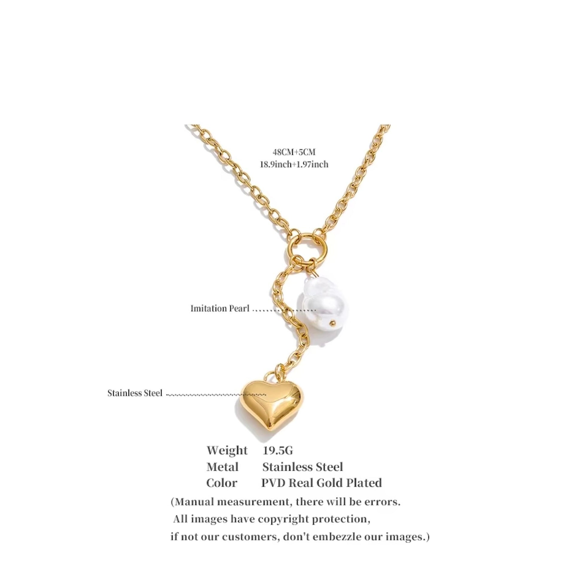 Collier cœur et perle imitation en acier inoxydable plaqué or/PVD argent, chaîne 40cm (15,7-19,7 pouces), 19,5g – duo Saint-Valentin doré/argenté Bijoux Prestige.