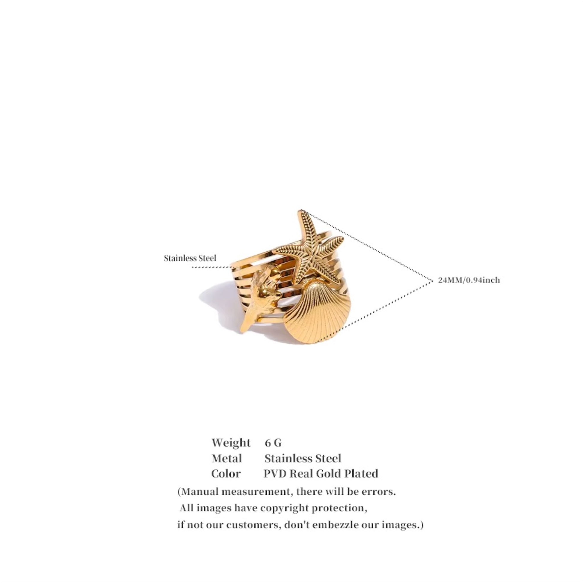 Bague dorée en acier inoxydable ornée de motifs coquillage et étoile de mer, bijou original inspiration marine pour femme - Bijoux Prestige