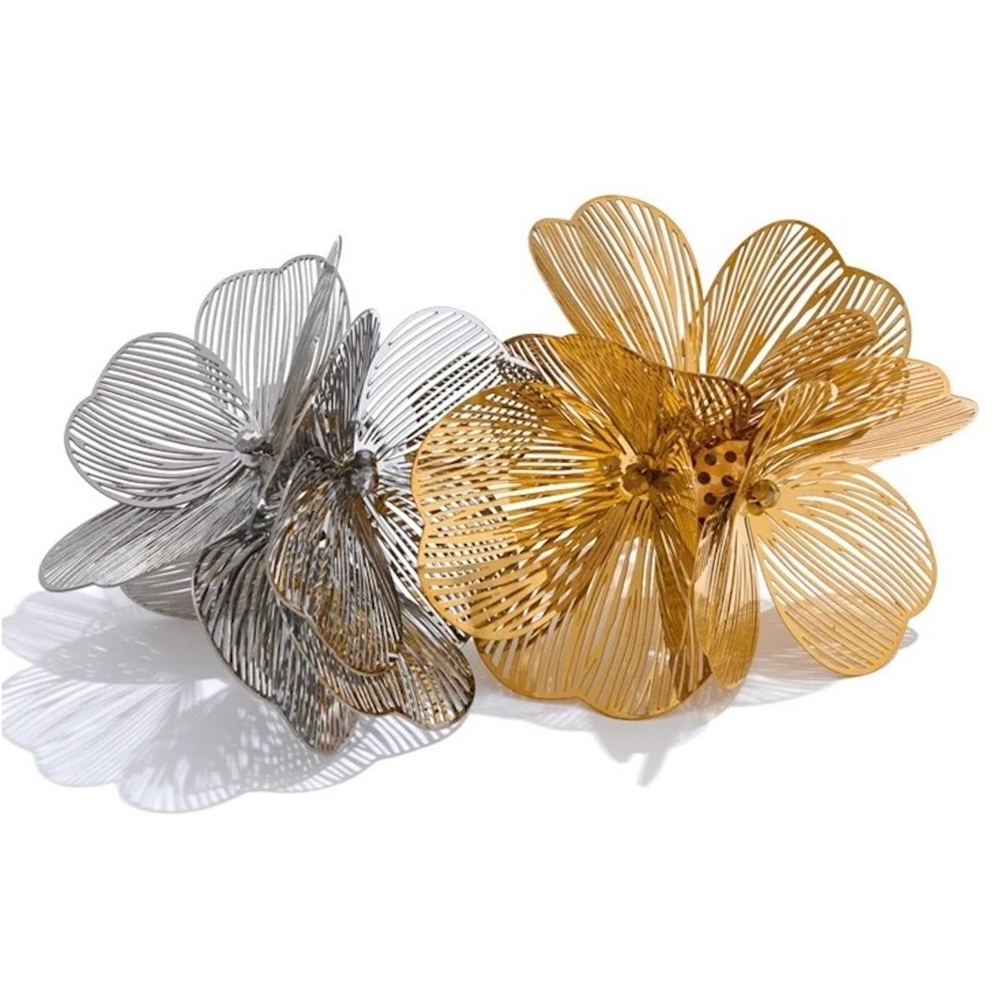 Bague fleur ajourée pétales filigrane dorée PVD et argentée acier inox 30mm 12g, Bijoux Prestige