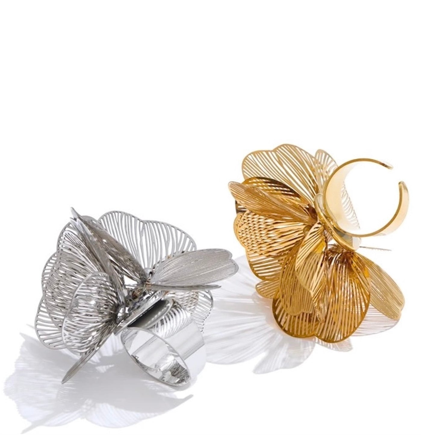 Bague fleur ajourée pétales filigrane dorée PVD et argentée acier inox 30mm 12g, Bijoux Prestige