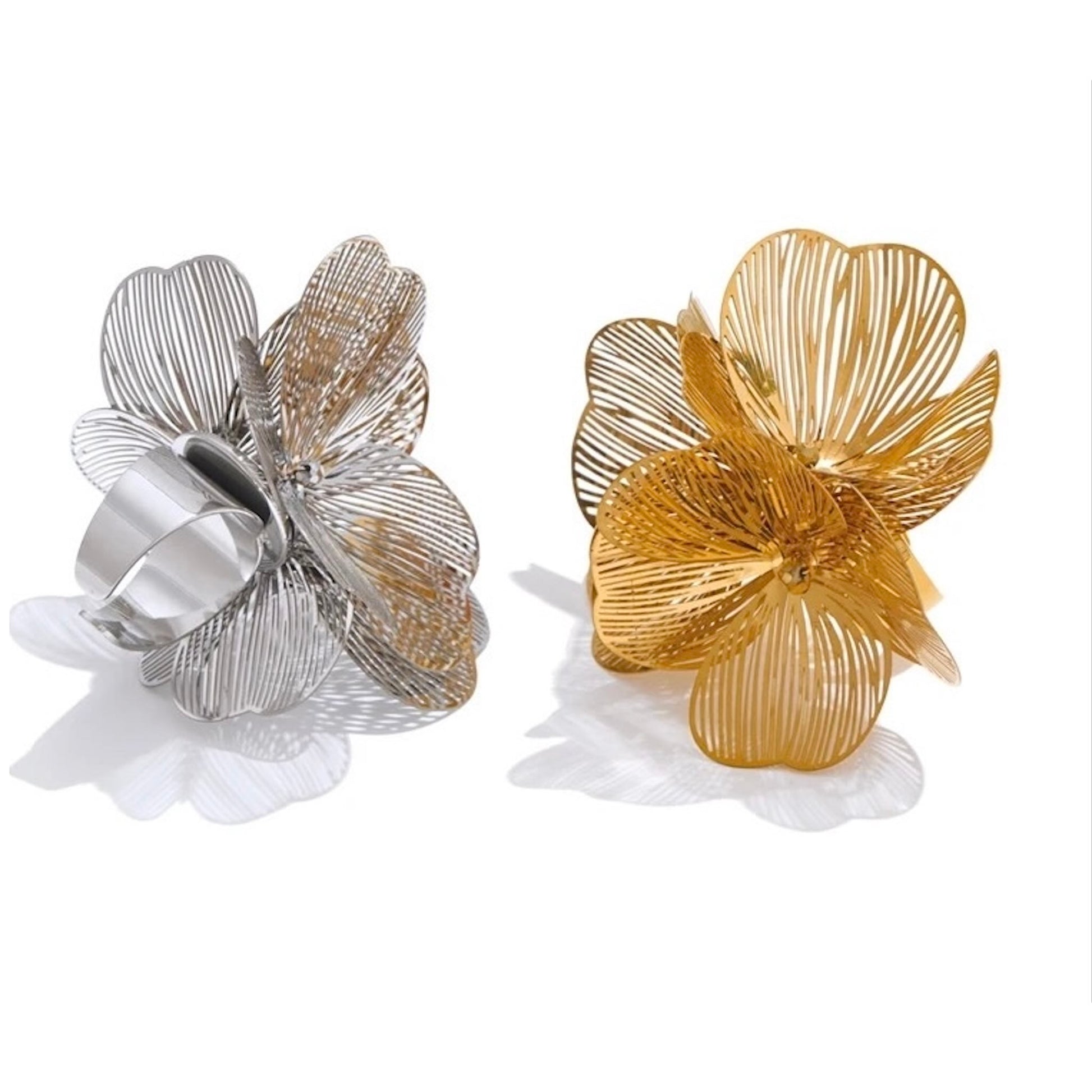 Bague fleur ajourée pétales filigrane dorée PVD et argentée acier inox 30mm 12g, Bijoux Prestige