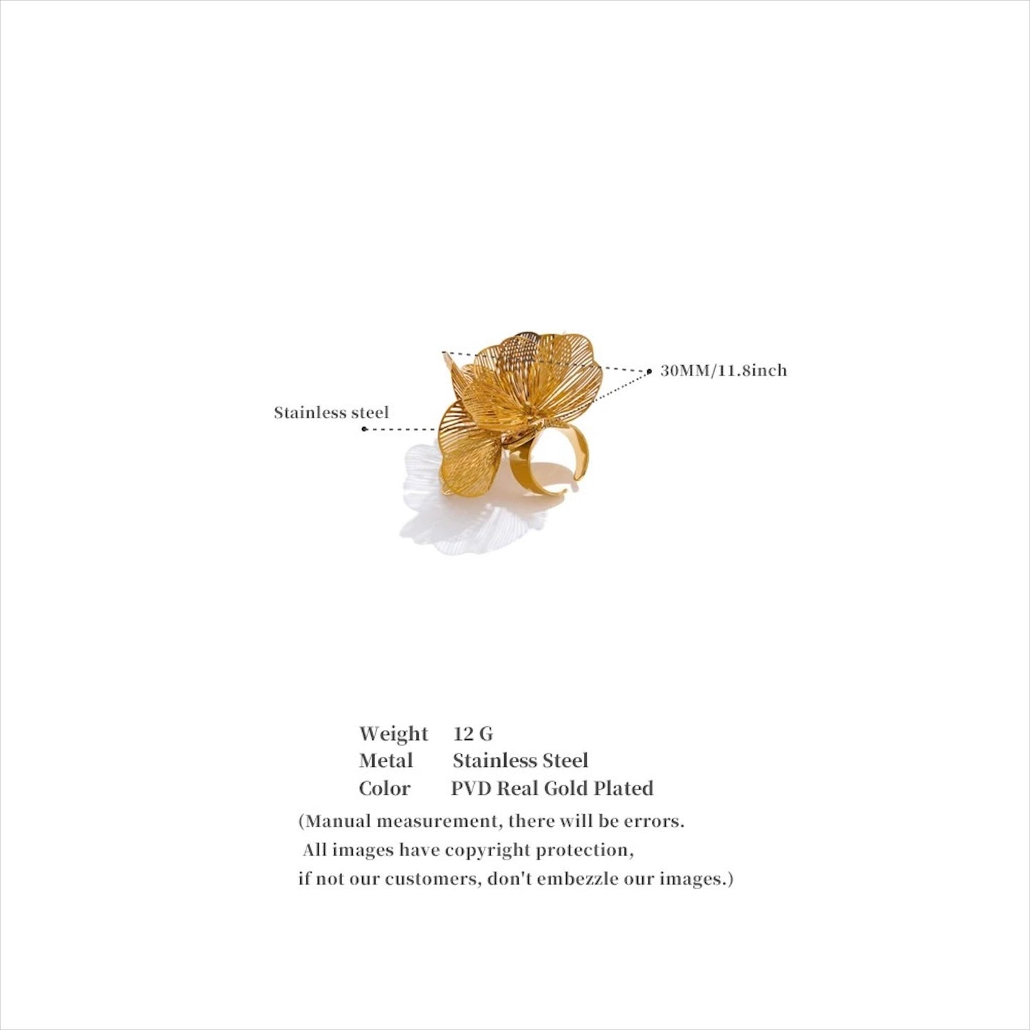 Bague fleur ajourée pétales filigrane dorée PVD et argentée acier inox 30mm 12g, Bijoux Prestige