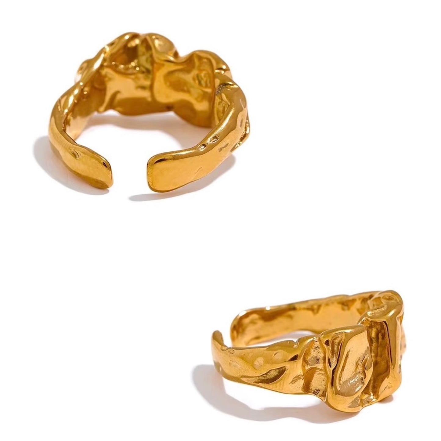 Bague martelée dorée en acier inoxydable design contemporain, bijou original pour femme élégante.