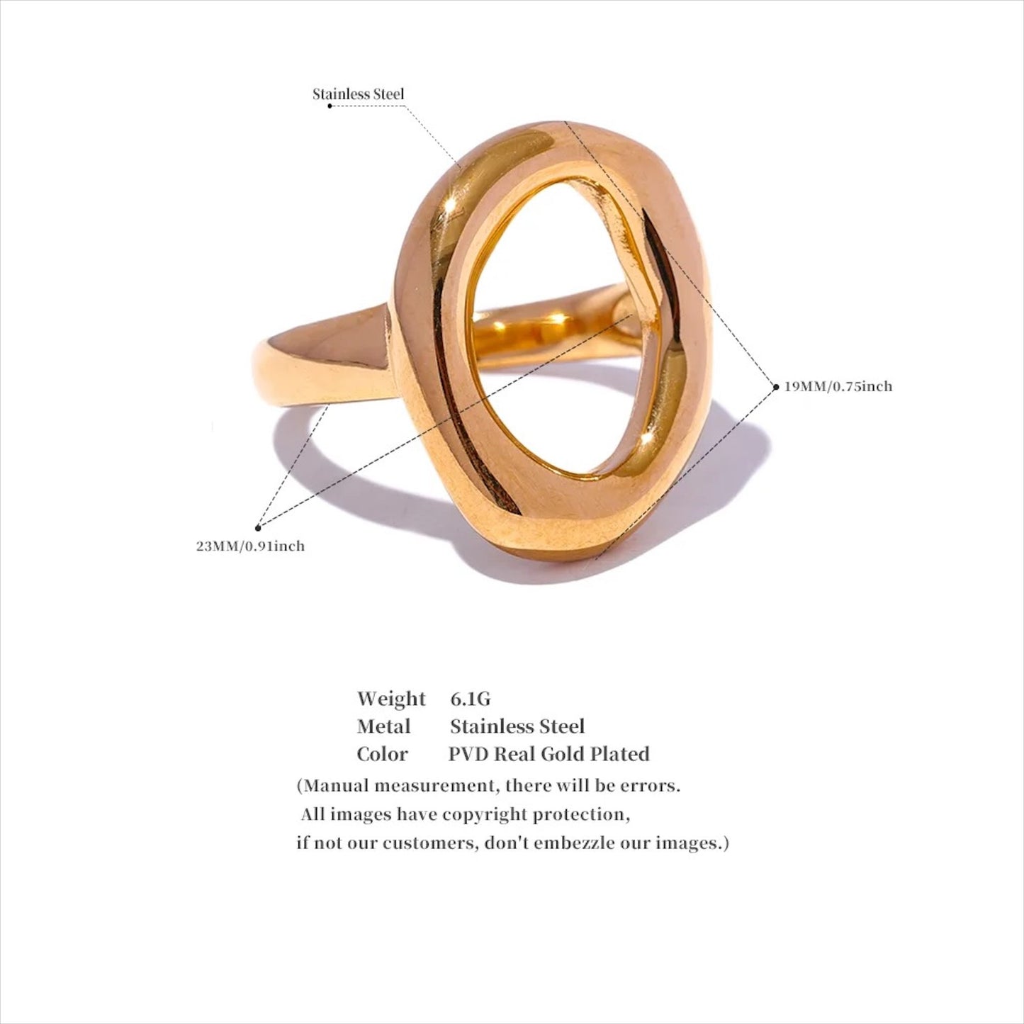 Bague ovale dorée en acier inoxydable, design ouvert et minimaliste, bijou moderne pour femme.