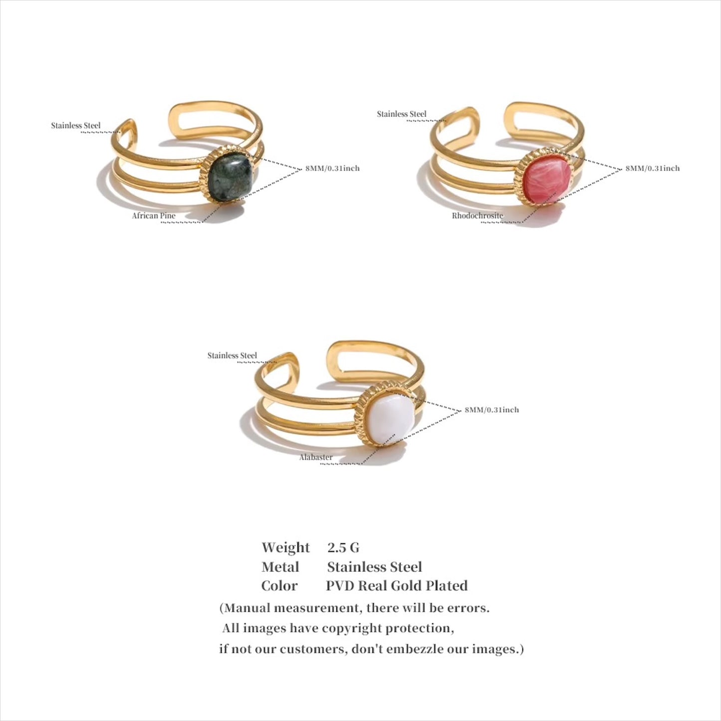Bagues dorées en acier inoxydable ornées de pierres naturelles africain pine, rhodochrosite et alabaster, élégance et qualité pour femme - Bijoux Prestige