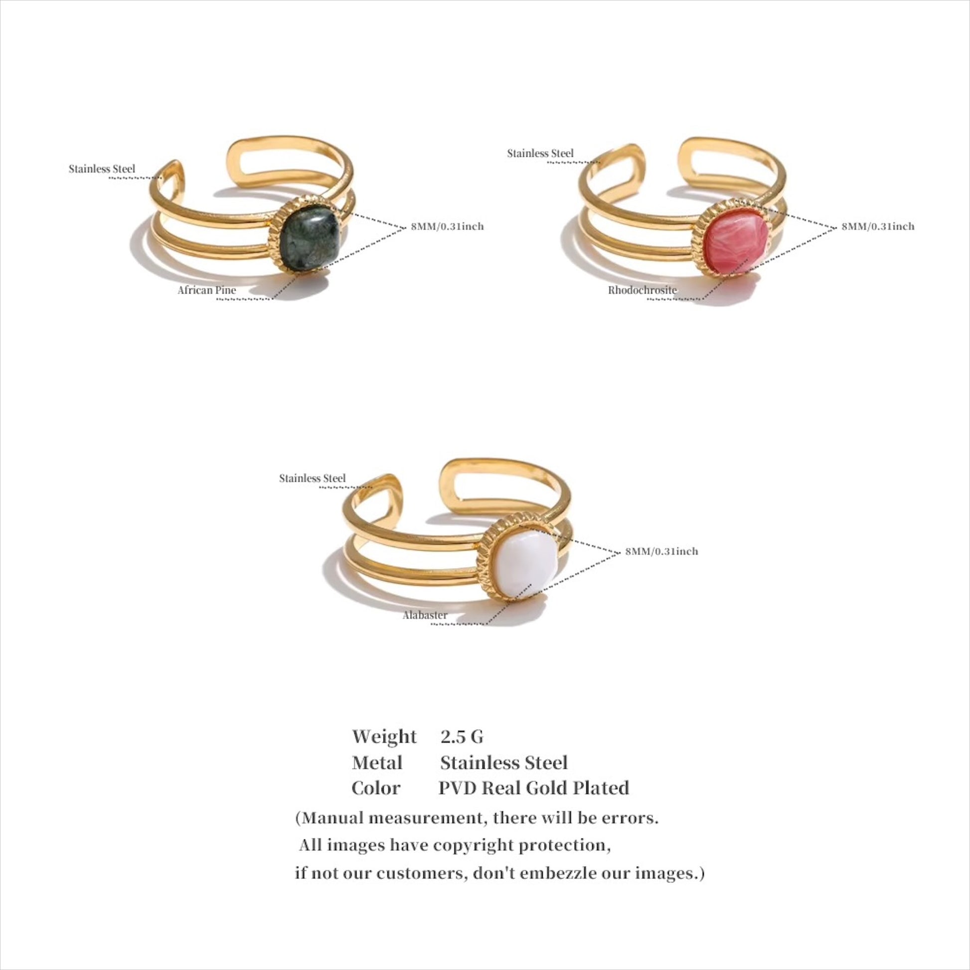 Bagues dorées en acier inoxydable ornées de pierres naturelles africain pine, rhodochrosite et alabaster, élégance et qualité pour femme - Bijoux Prestige