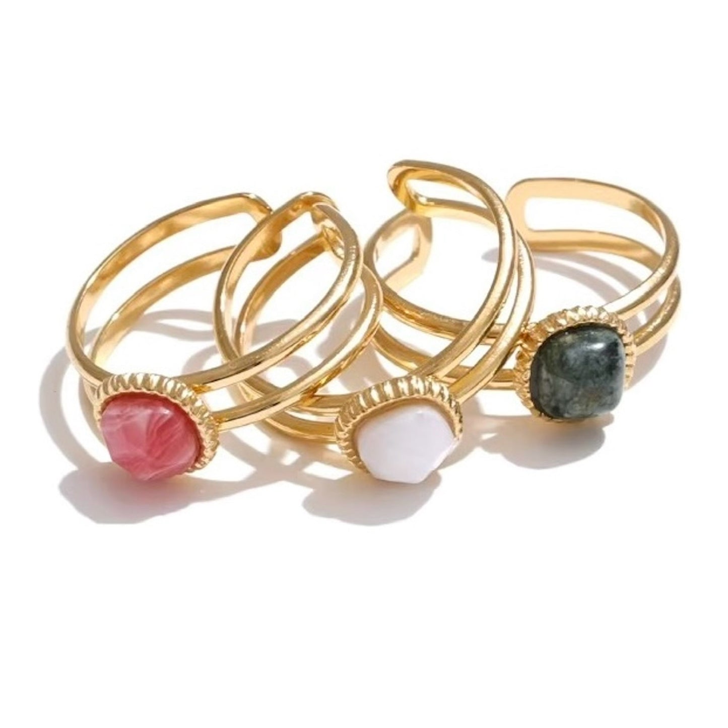 Bagues dorées en acier inoxydable ornées de pierres naturelles africain pine, rhodochrosite et alabaster, élégance et qualité pour femme - Bijoux Prestige