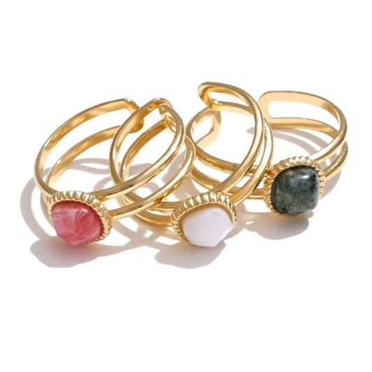 Bagues dorées en acier inoxydable ornées de pierres naturelles africain pine, rhodochrosite et alabaster, élégance et qualité pour femme - Bijoux Prestige
