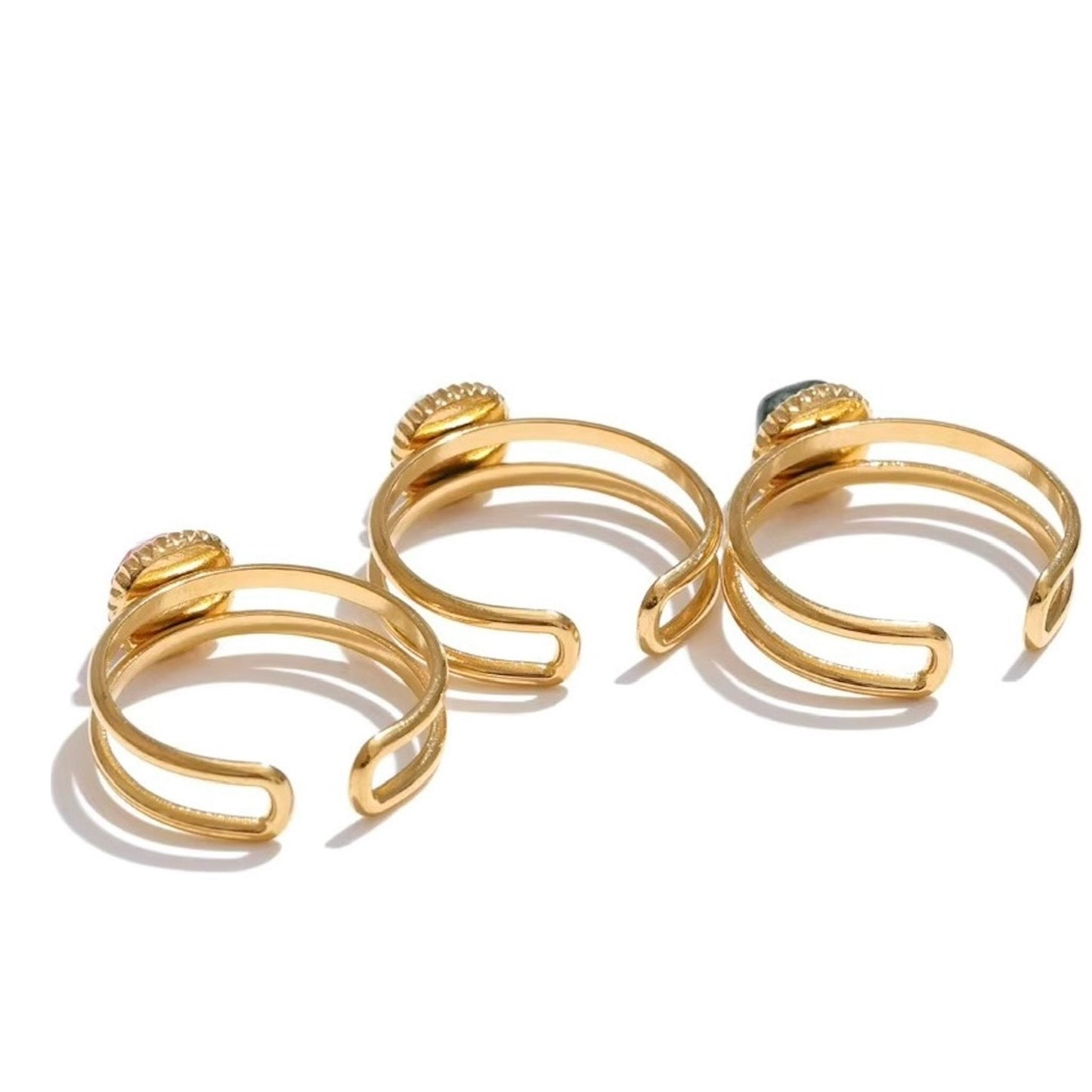 Bagues dorées en acier inoxydable ornées de pierres naturelles africain pine, rhodochrosite et alabaster, élégance et qualité pour femme - Bijoux Prestige