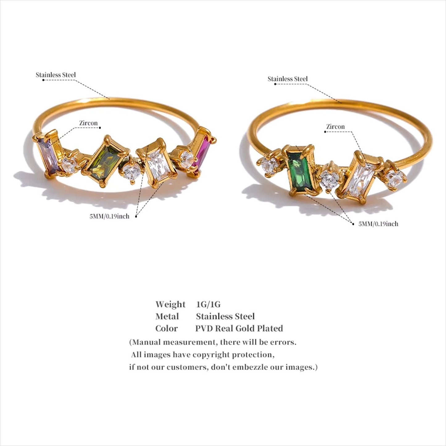 Bagues fines dorées en acier inoxydable serties de zircons colorés, bijou raffiné et élégant pour femme - Bijoux Prestige.