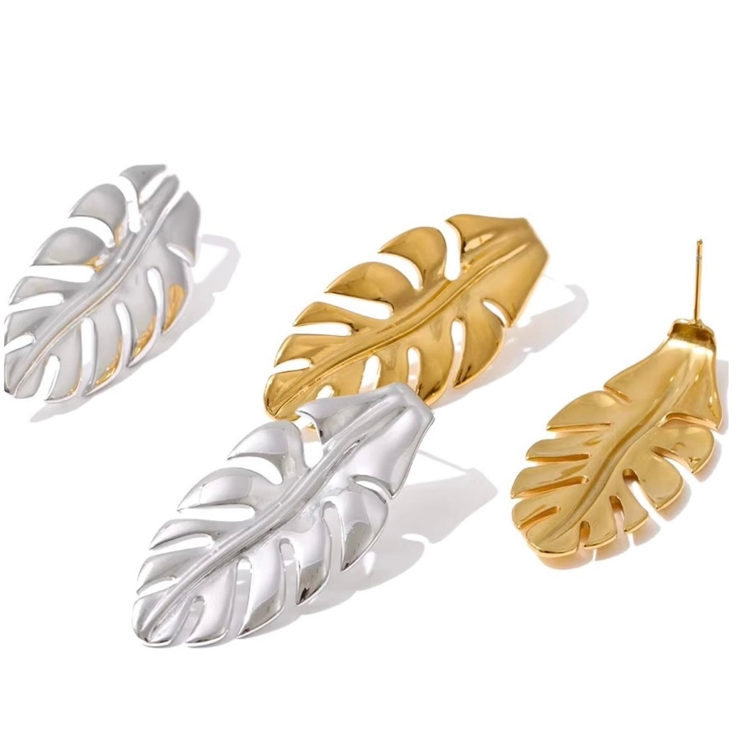 Boucles d'oreilles en forme de feuille, acier inoxydable doré et argenté, pour femme, élégance naturelle.