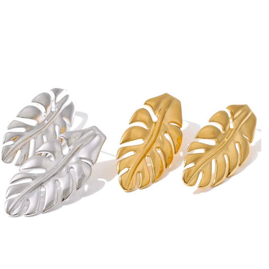 Boucles d'oreilles en forme de feuille, acier inoxydable doré et argenté, pour femme, élégance naturelle.