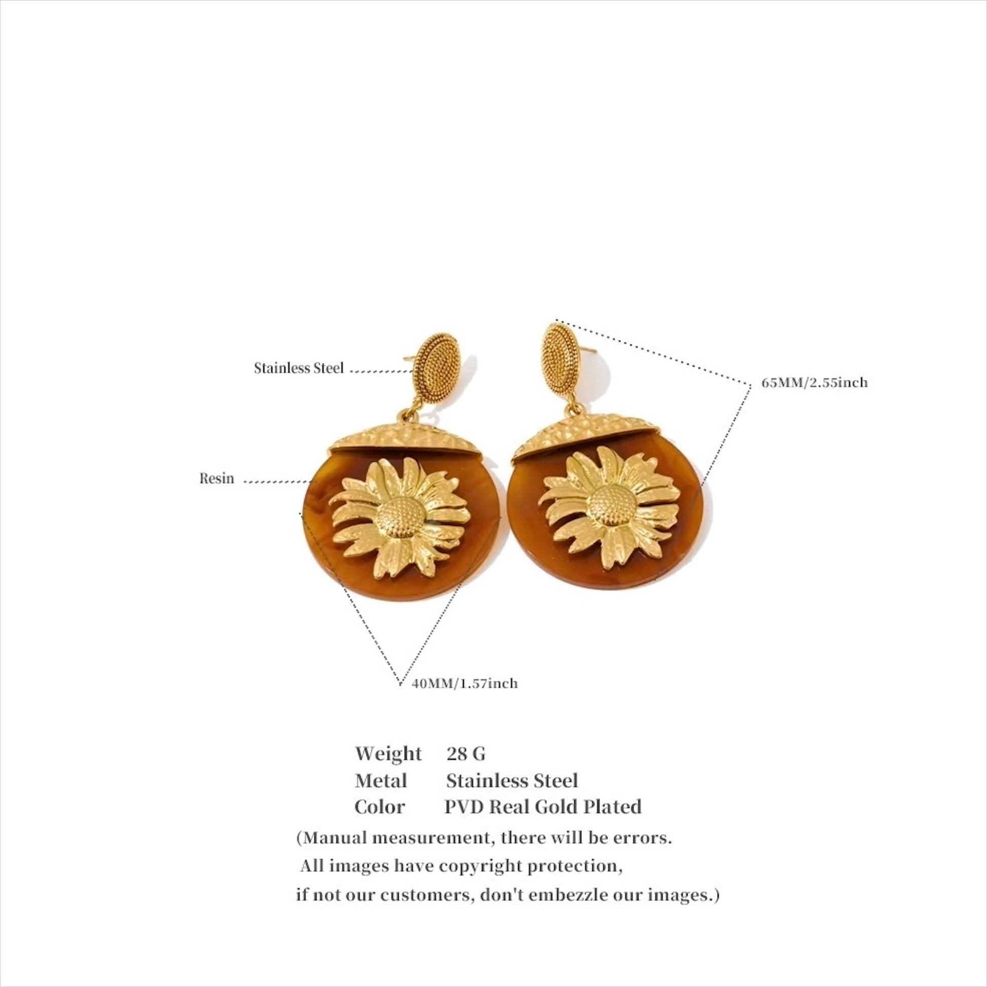 Boucles d’oreilles femme en résine ambre et fleur dorée – Bijoux Prestige