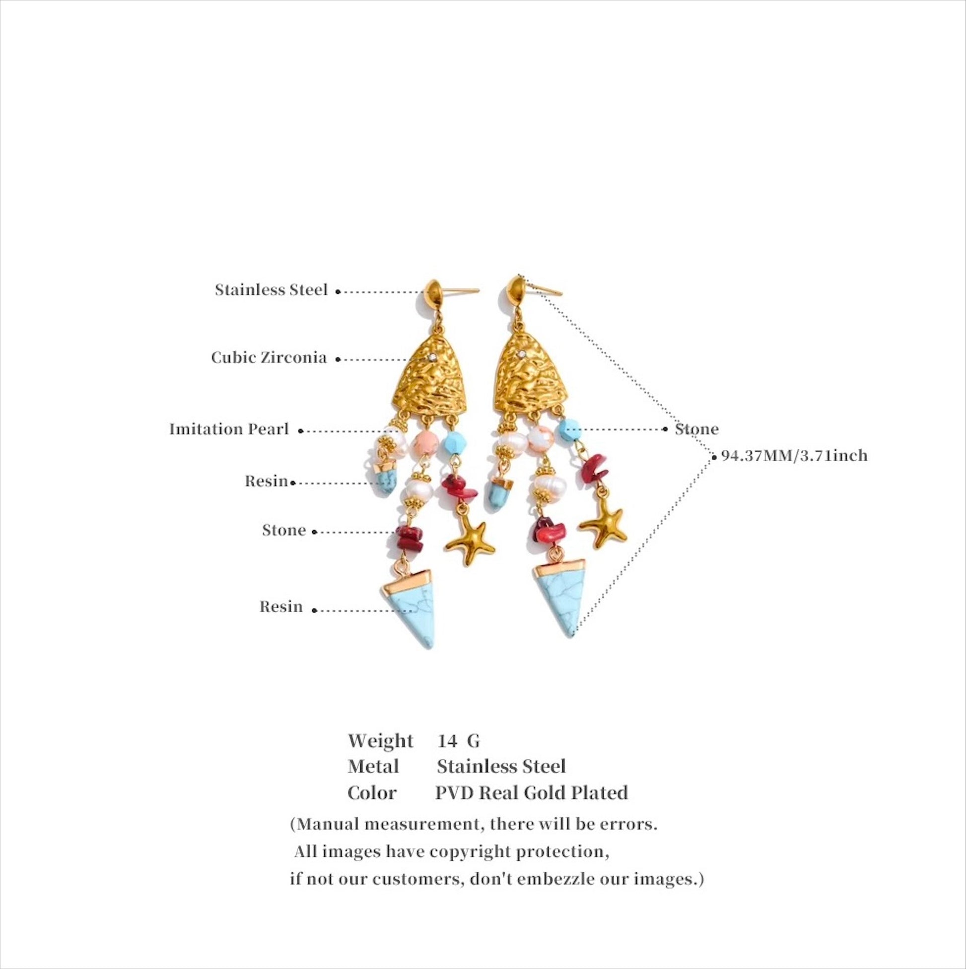 Boucles d’oreilles pendantes dorées ornées de pierres naturelles turquoise, corail, perles et motif étoile, pour femme, style élégant, moderne et coloré – Bijoux Prestige
