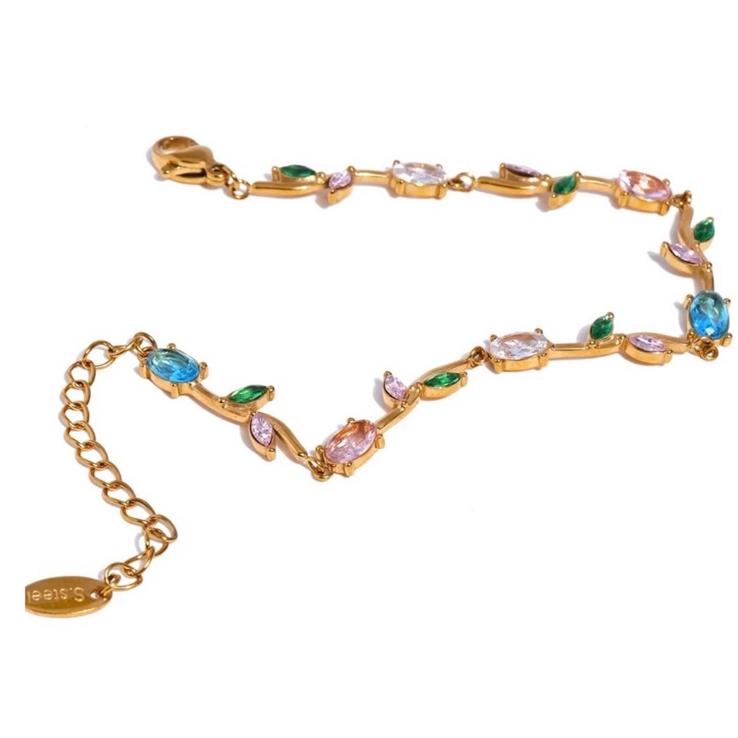 Bracelet fin doré en acier inoxydable serti de zirconiums multicolores, bijou raffiné pour femme.