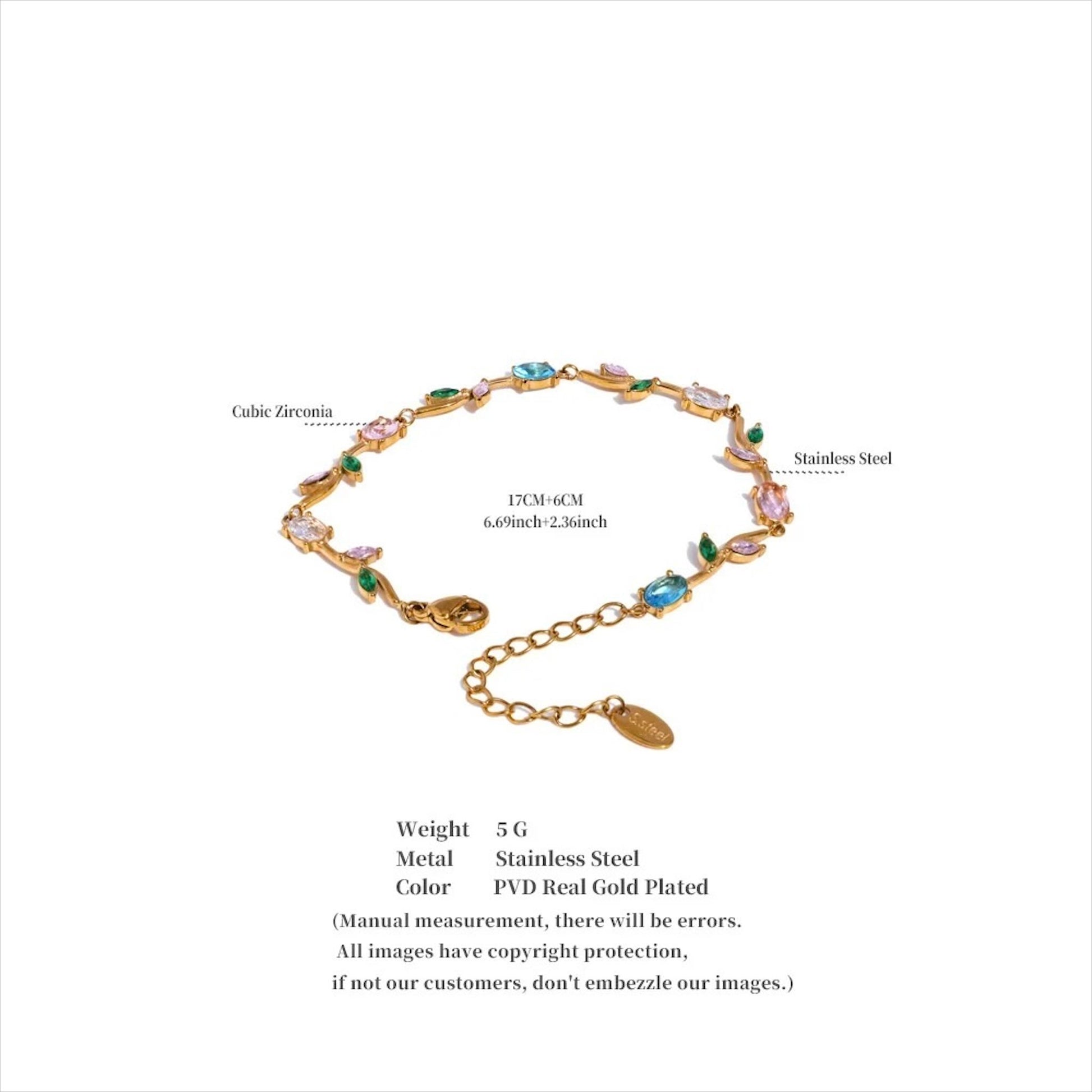 Bracelet fin doré en acier inoxydable serti de zirconiums multicolores, bijou raffiné pour femme.