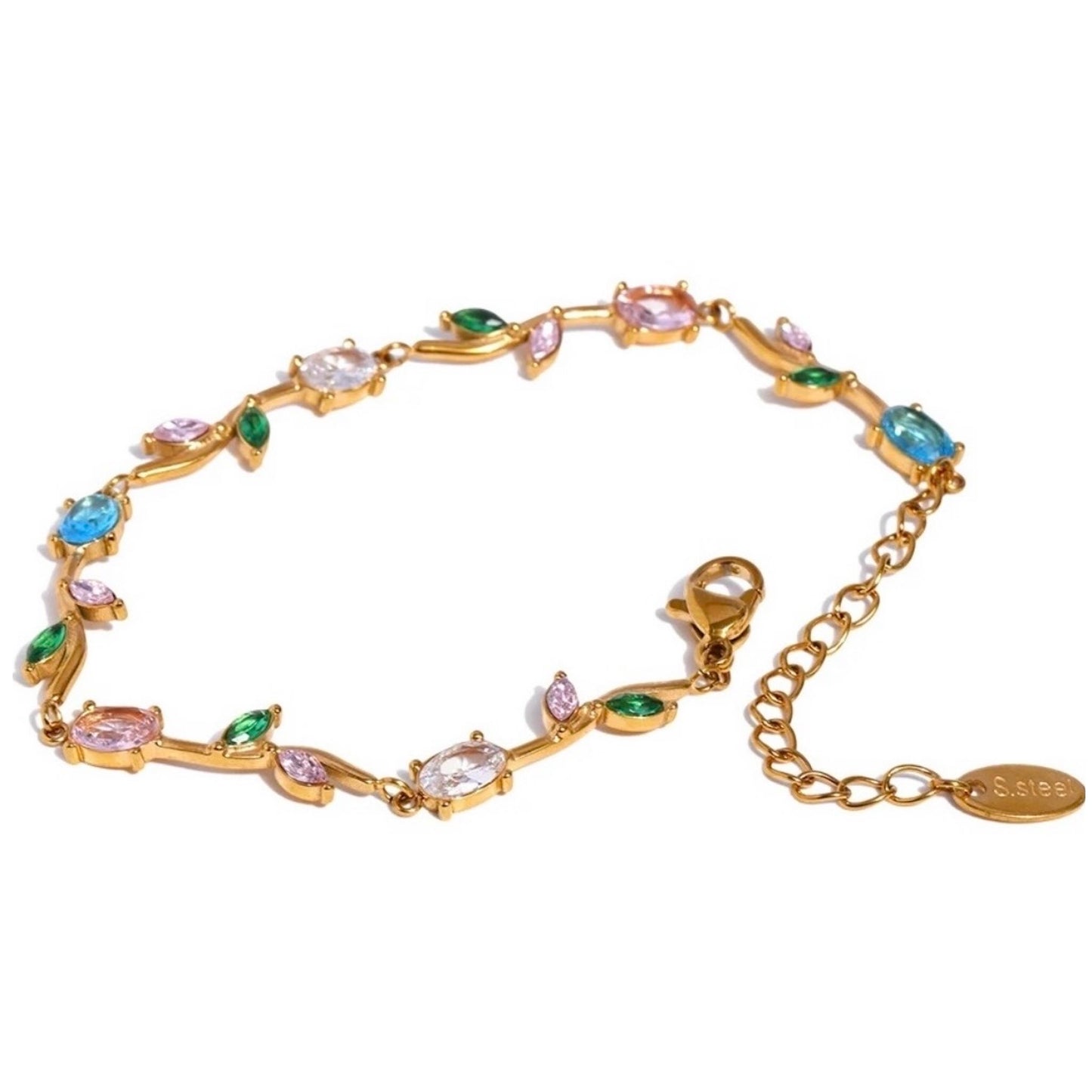 Bracelet fin doré en acier inoxydable serti de zirconiums multicolores, bijou raffiné pour femme.