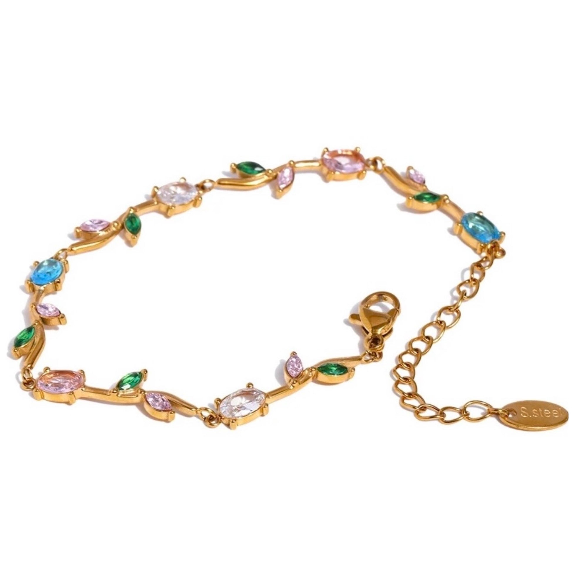 Bracelet fin doré en acier inoxydable serti de zirconiums multicolores, bijou raffiné pour femme.