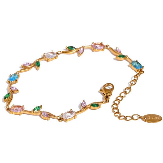 Bracelet fin doré en acier inoxydable serti de zirconiums multicolores, bijou raffiné pour femme.