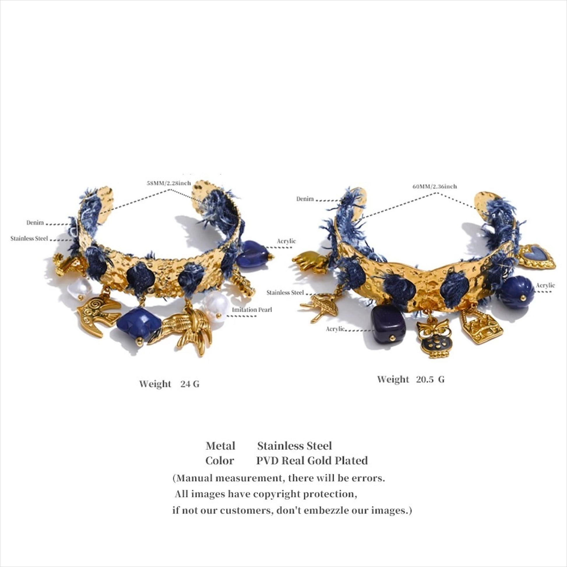 Bracelet jonc doré en acier inoxydable orné de denim bleu, perles et pampilles marines dorées, bijou tendance et original pour femme.