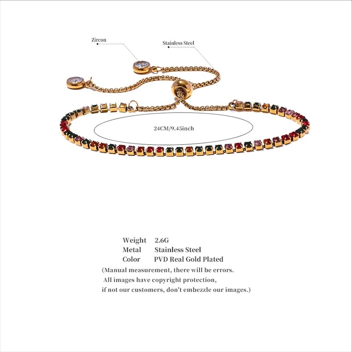 Bracelet tennis ajustable doré en acier inoxydable, serti de pierres colorées et zirconiums, bijou raffiné pour femme.