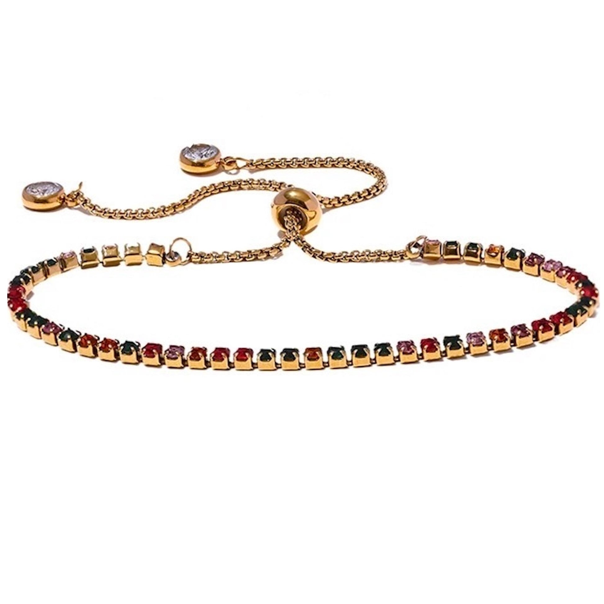 Bracelet tennis ajustable doré en acier inoxydable, serti de pierres colorées et zirconiums, bijou raffiné pour femme.
