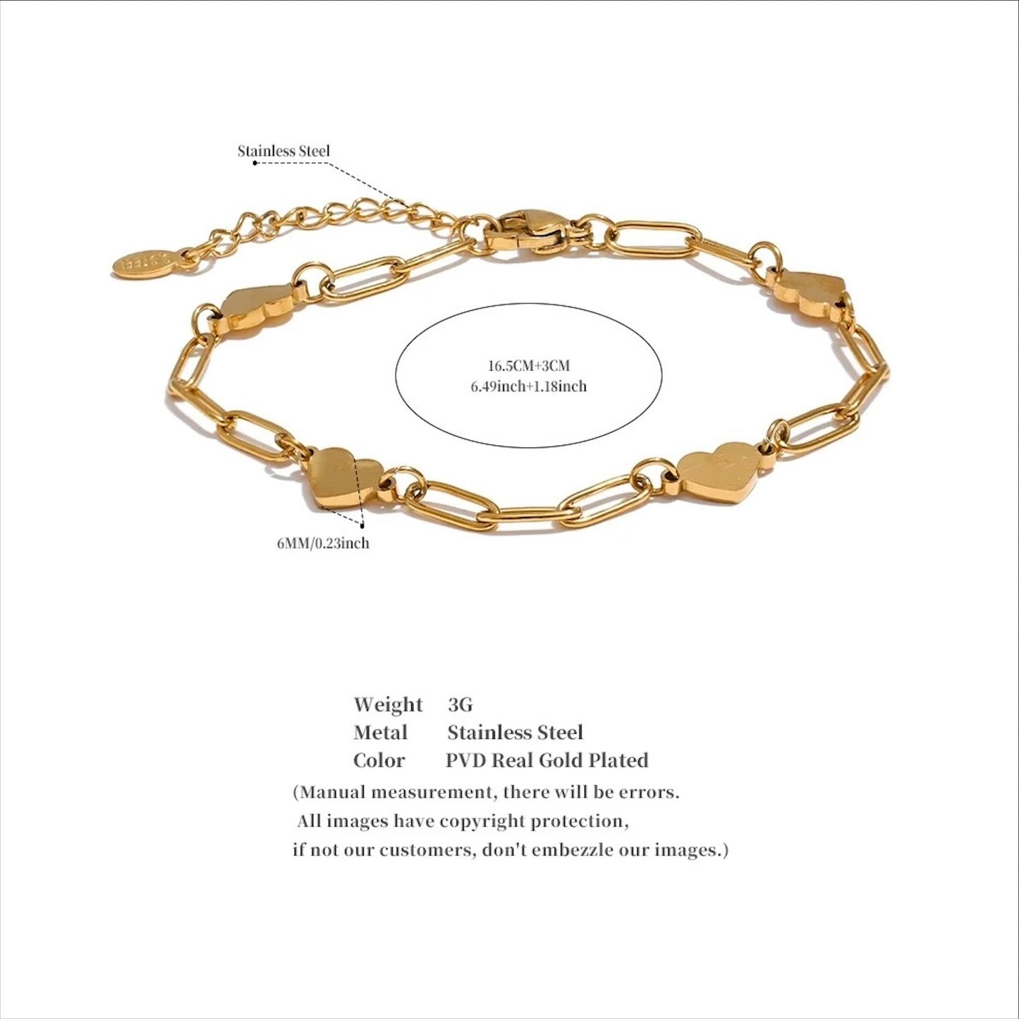 Bracelets à maillons dorés et argentés en acier inoxydable avec pampilles cœur, bijou élégant et tendance pour femme.