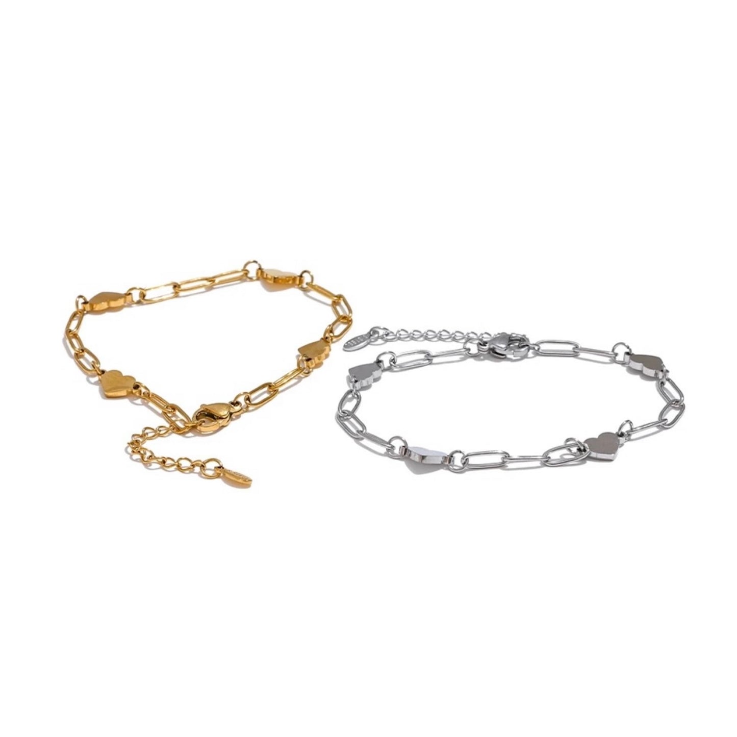 Bracelets à maillons dorés et argentés en acier inoxydable avec pampilles cœur, bijou élégant et tendance pour femme.