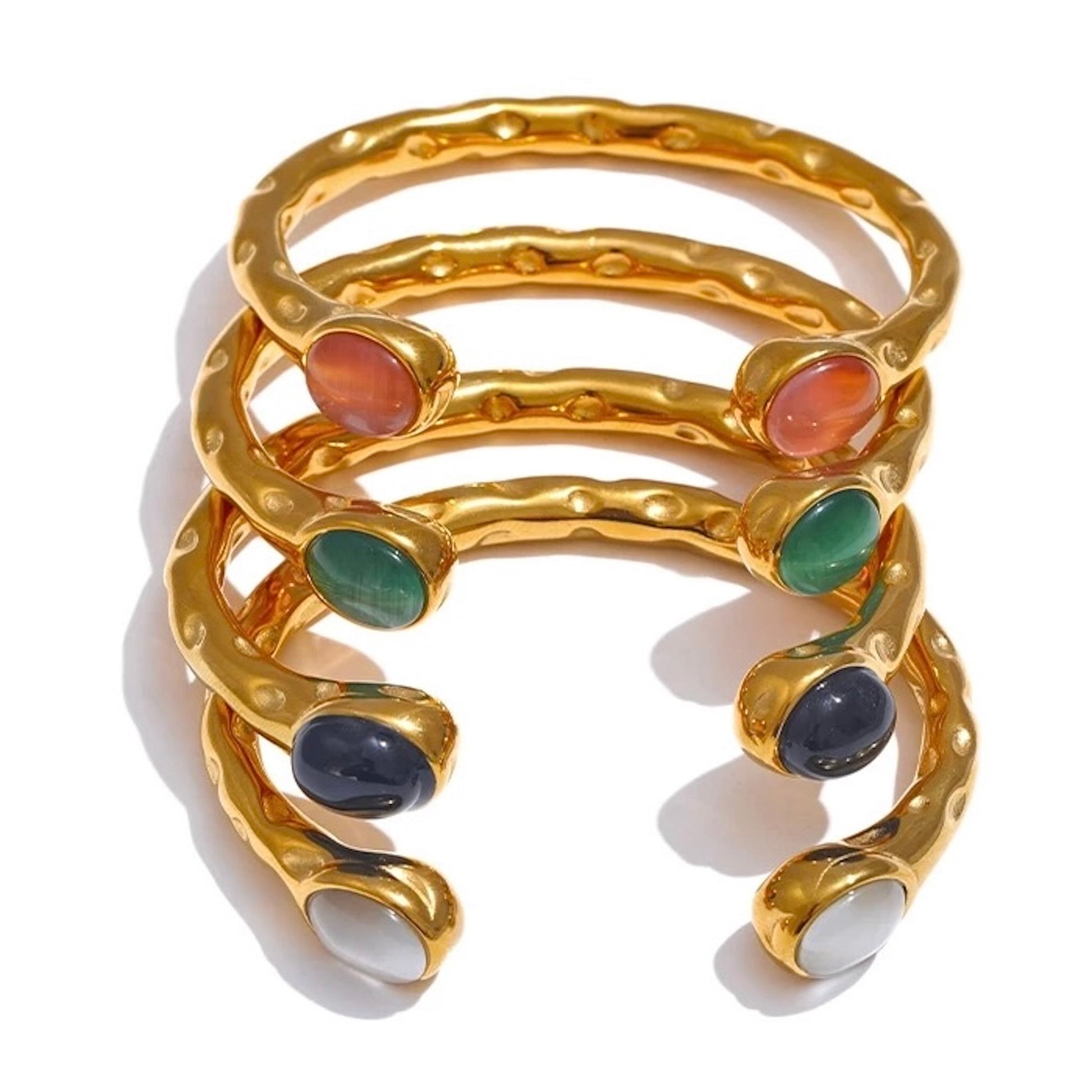 Bracelets jonc dorés en acier inoxydable ornés de pierres naturelles colorées, bijoux raffinés et originaux pour femme.