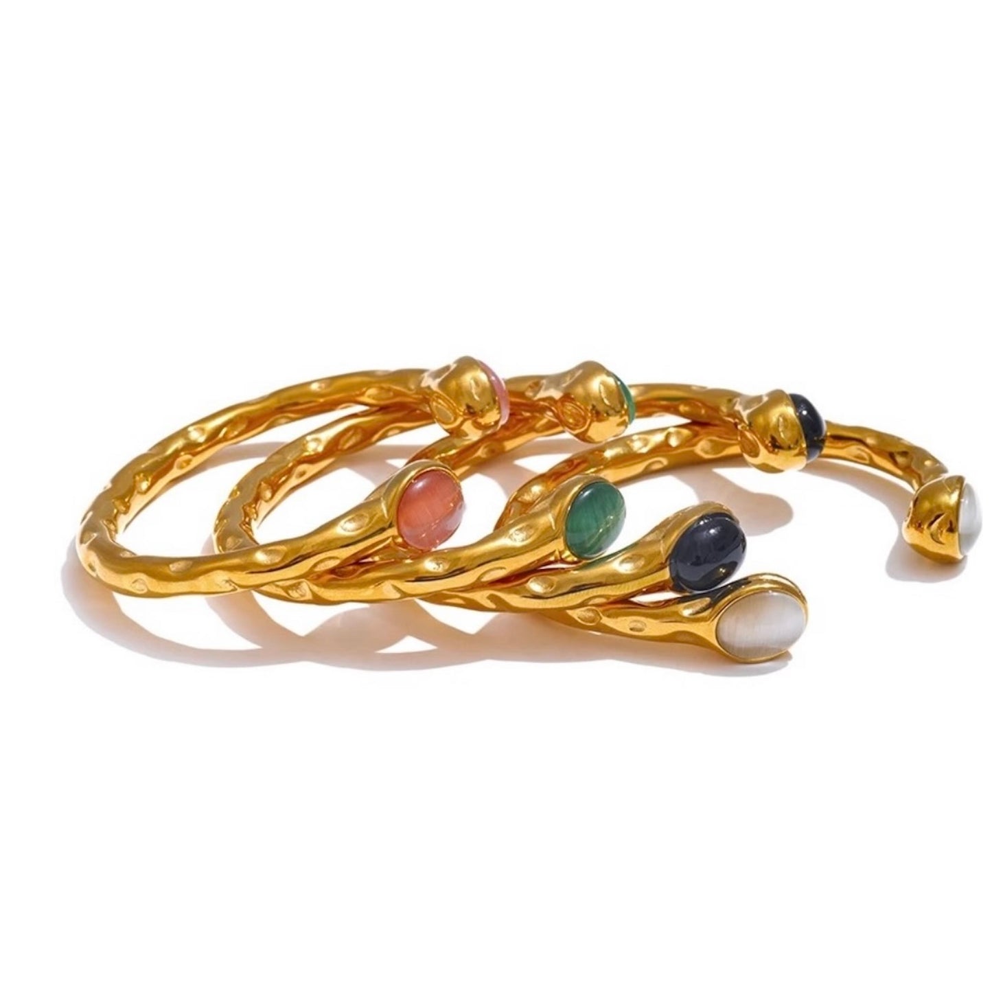 Bracelets jonc dorés en acier inoxydable ornés de pierres naturelles colorées, bijoux raffinés et originaux pour femme.