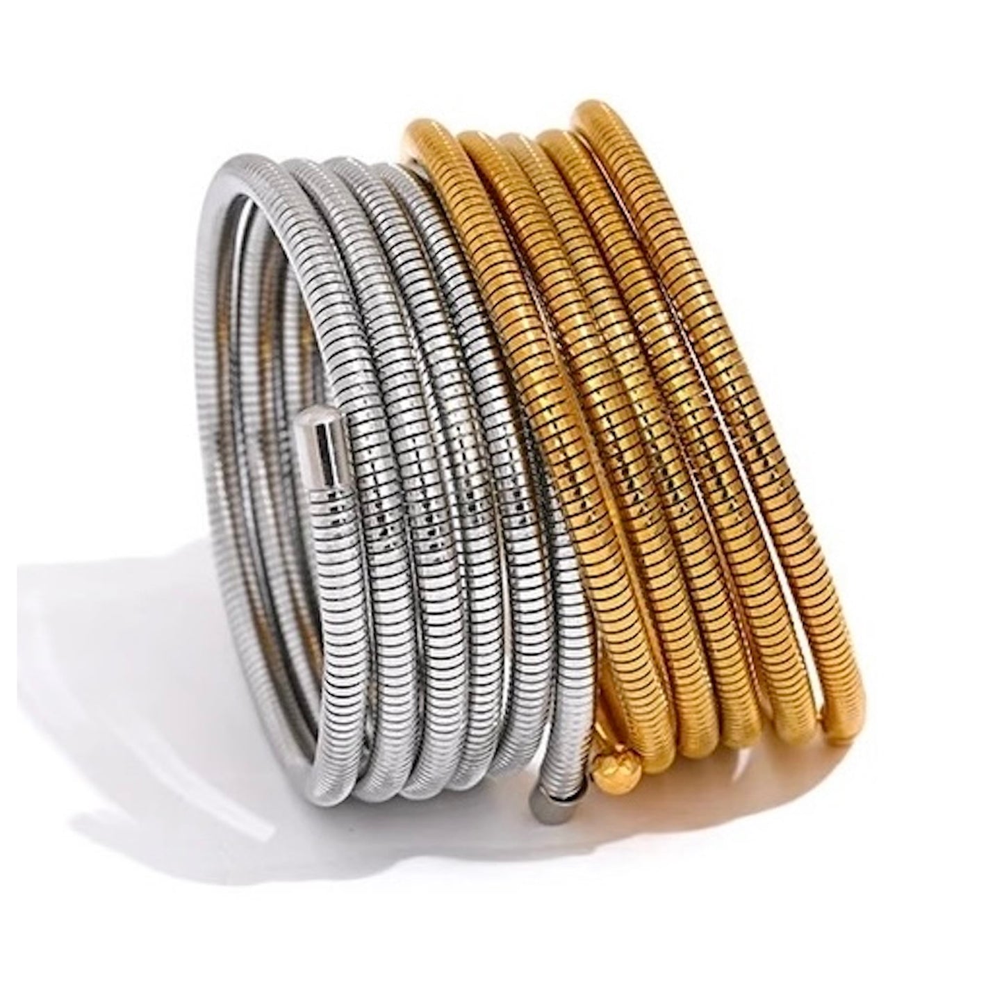 Bracelets spirale rigides en acier inoxydable, finitions dorée et argentée, bijoux robustes et modernes pour femme.