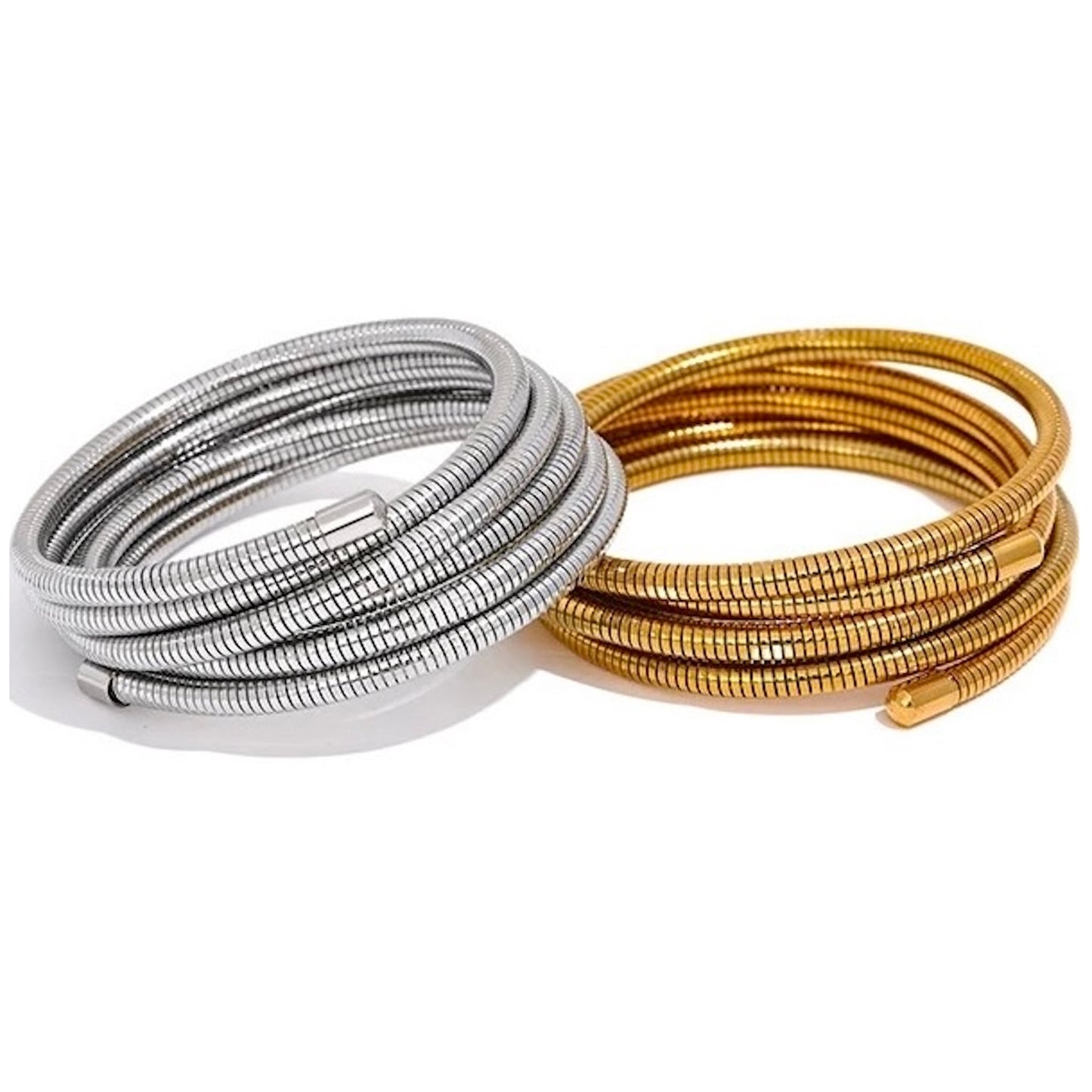 Bracelets spirale rigides en acier inoxydable, finitions dorée et argentée, bijoux robustes et modernes pour femme.