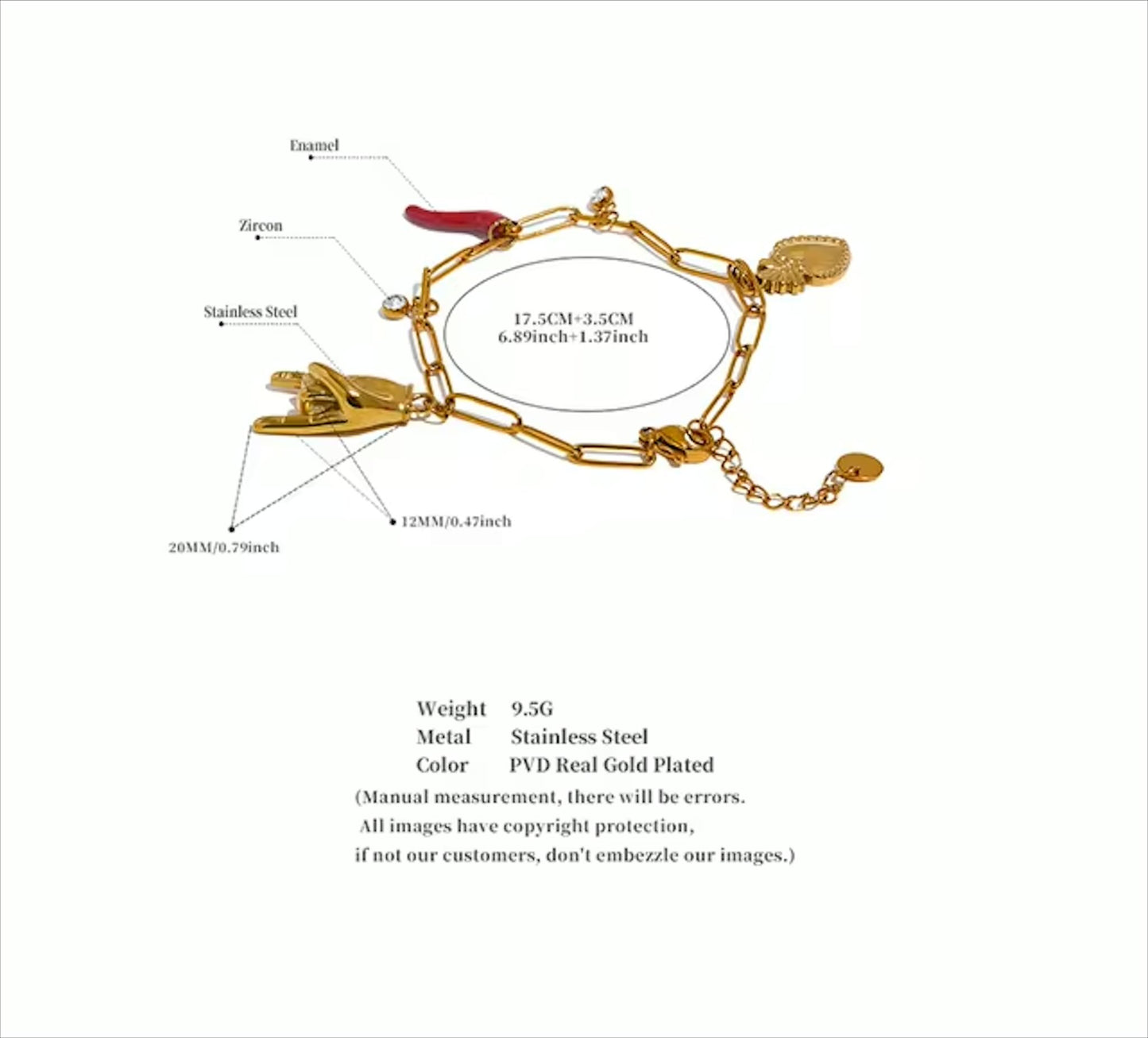 Bracelet à maillons doré en acier inoxydable, décoré de breloques protectrices (main, piment, cœur), bijou fantaisie pour femme.